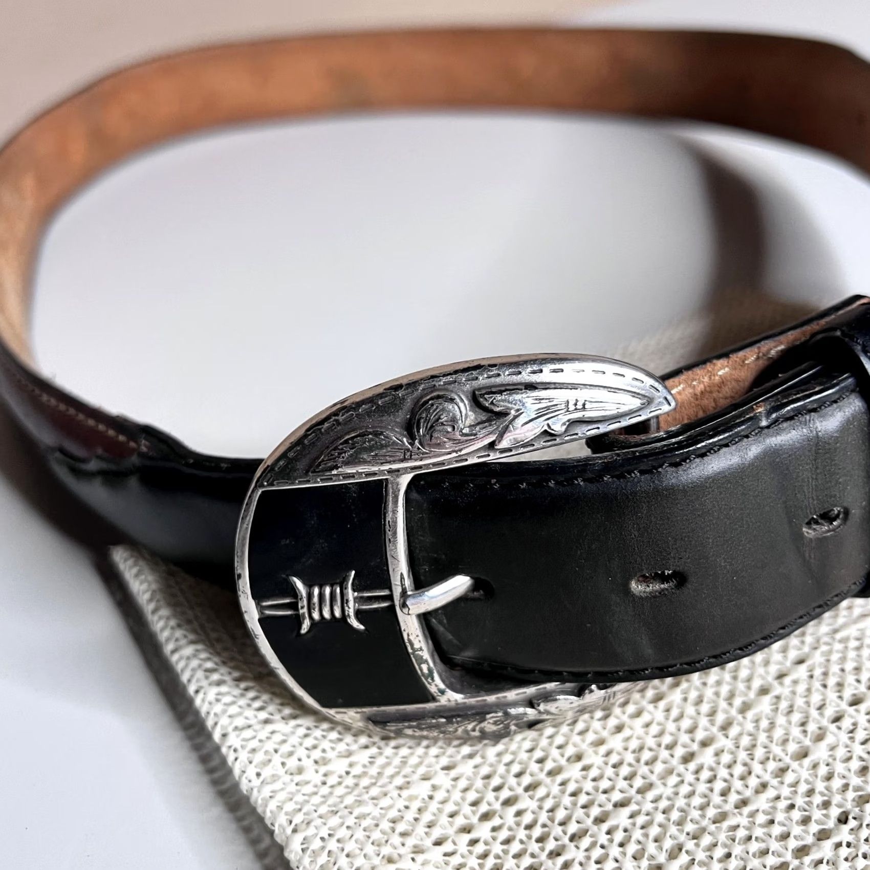 Vintage Justin Leather Belt Mens 38 Brown Western Silver Buckle Braided Lacing Cowboy Size 38 - 2 Thumbnail