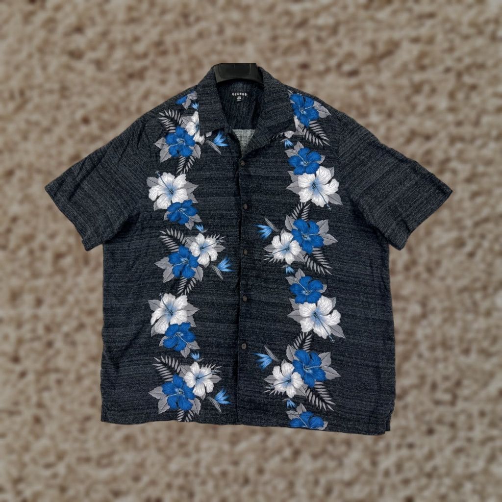 George George Hawaiian Shirt Mens XL Gray Floral Rayon Beach Vacation Aloha Short Sleeve Button-Up Size US XL / EU 56 / 4 - 1 Thumbnail