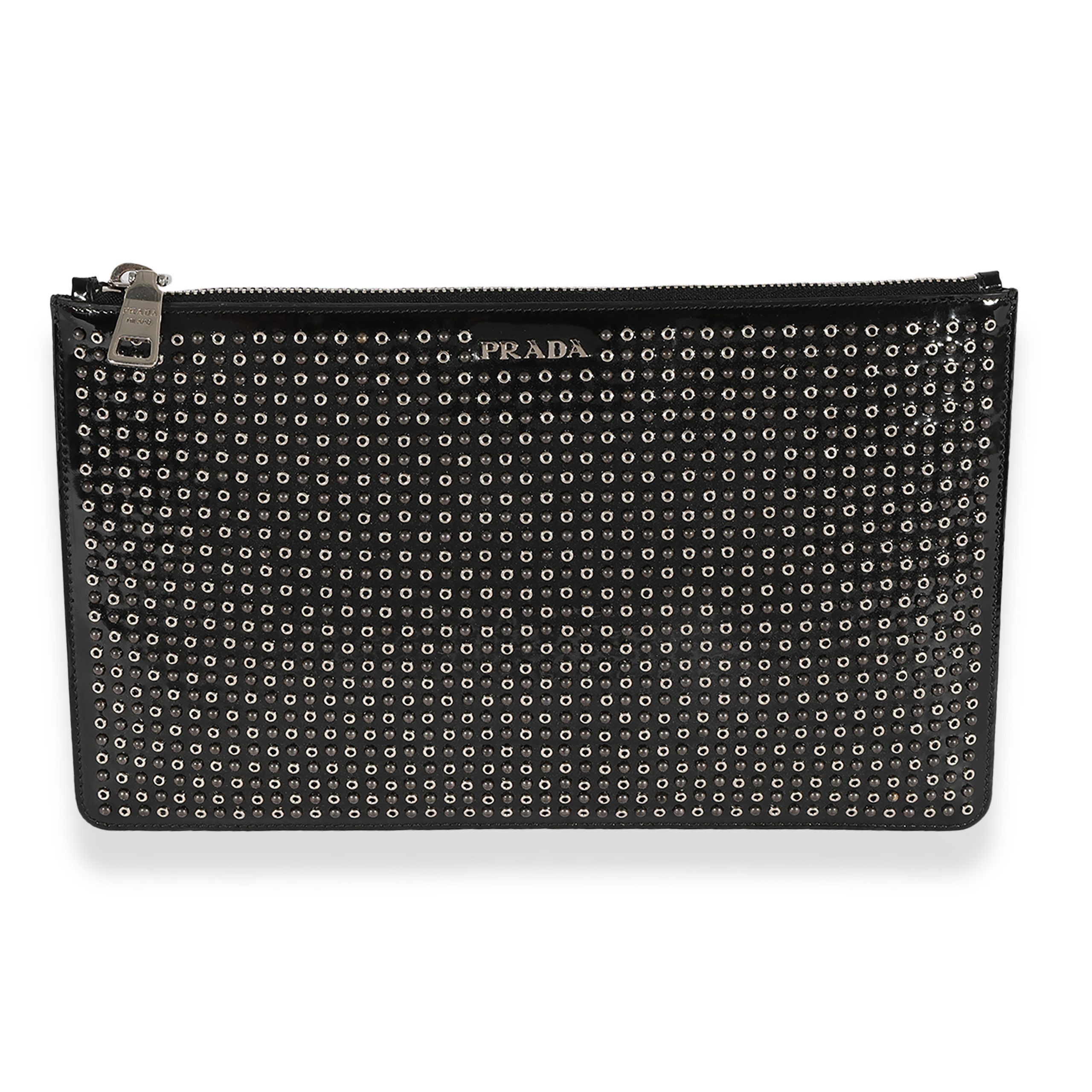 image of Prada Black Patent Leather Grommet Zip Case, Women's