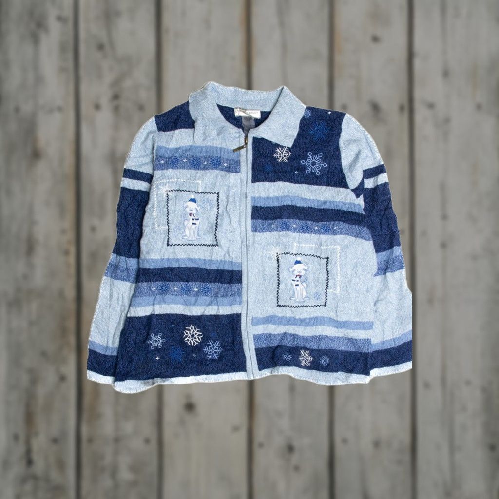 Vintage VINTAGE Allison Daley Blue Cardigan Ugly Christmas 62630 Large Cardigan Womens Mens 20” Chest 40” 24” Length Acrylic Knit Christmas Sweater Size L / US 10 / IT 46 - 1 Thumbnail