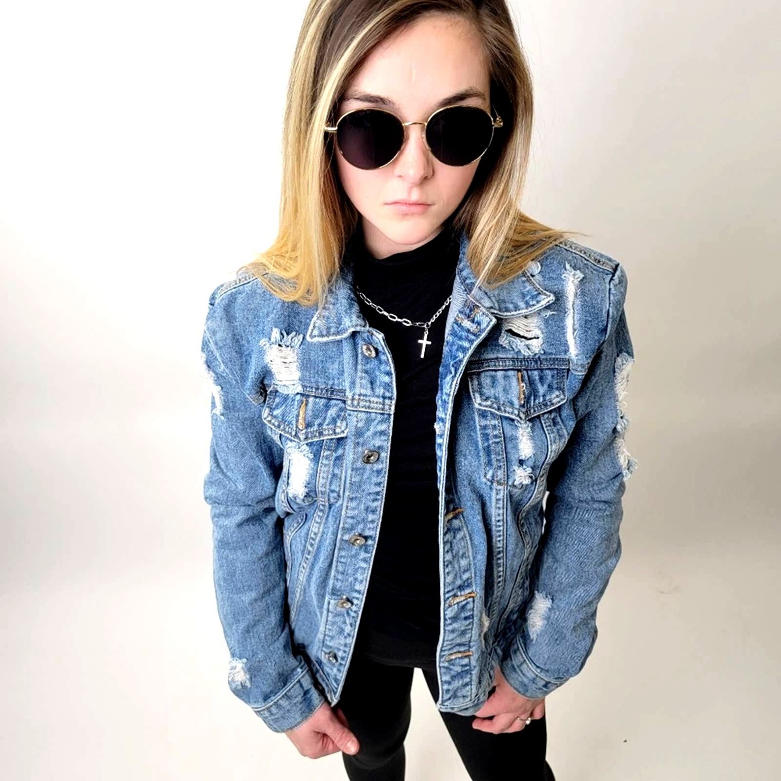 Shein Ripped Faded Wash Denim Jean Trucker Jacket - L Size L / US 10 / IT 46 - 1 Thumbnail