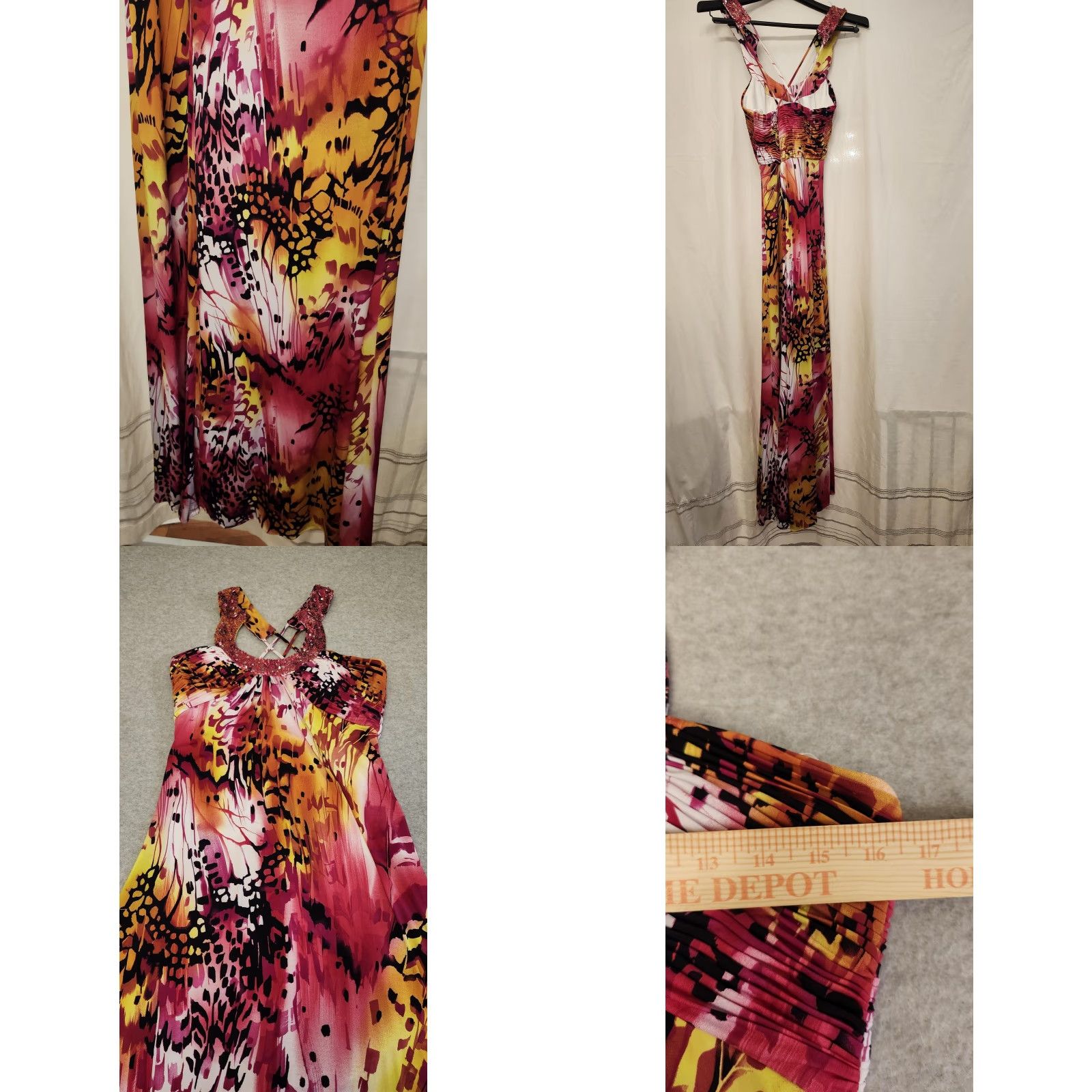 Vintage JS Boutique Dress Womens 10 Beaded Straps Pink Yellow Maxi Evening Formal Gown Size L / US 10 / IT 46 - 8 Thumbnail