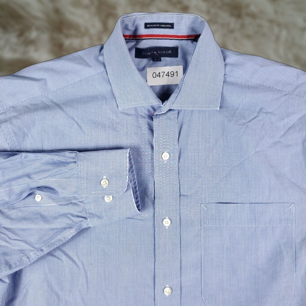 Tommy Hilfiger Tommy Hilfiger Blue Striped Dress Shirt Mens 15.5 Long Sleeve Button Up Regular Fit Size 40R - 1 Thumbnail