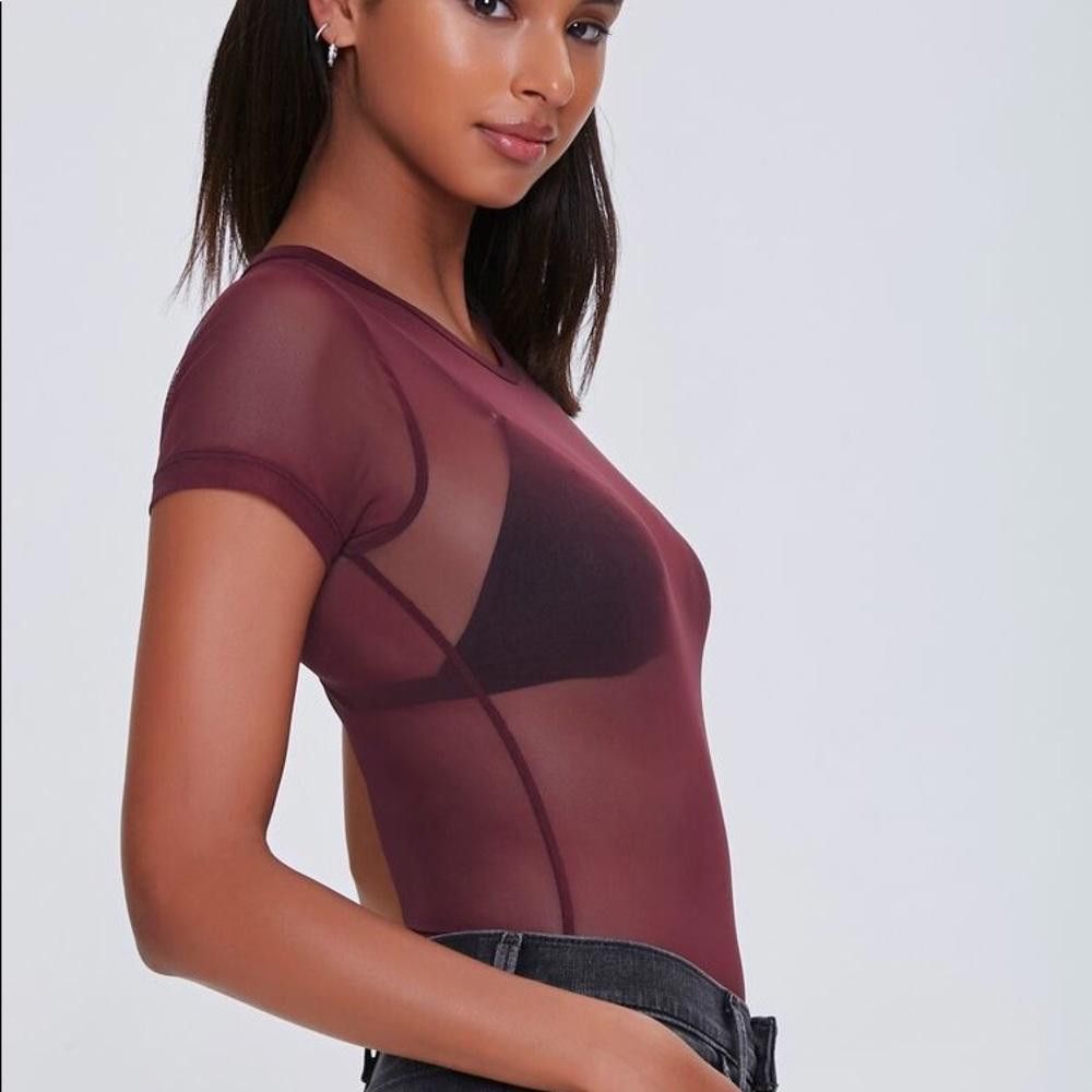 Designer Chic Sheer Burgundy Mesh Bodysuit - Perfect Layering Piece Size S / US 4 / IT 40 - 3 Thumbnail