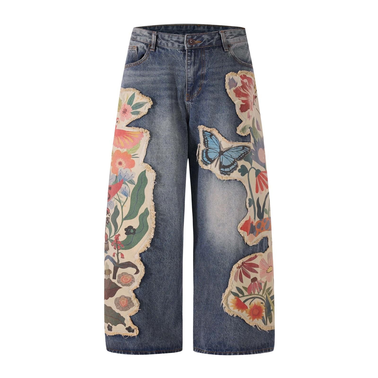Japanese Brand Blue Wide Leg Denim Jeans with Floral Patchwork Size 32" / US 10 / IT 46 - 1 Thumbnail