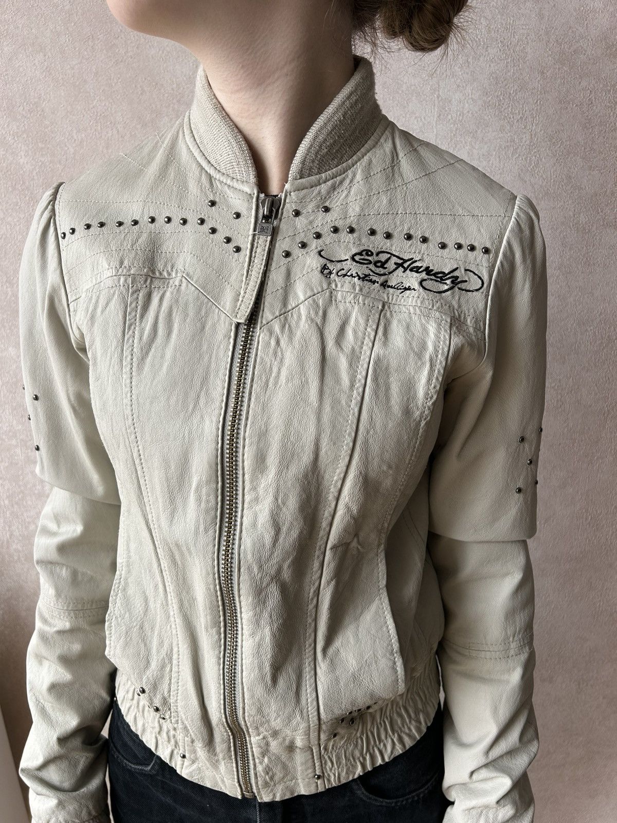 Ed Hardy Y2K Ed Hardy Studded Japan Style Tattoo Leather Jacket Size XS / US 0-2 / IT 36-38 - 5 Thumbnail