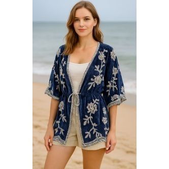 Other Blue & White Embroidered Tie-Front Kimono Cardigan One Size Size M / US 6-8 / IT 42-44 - 1 Thumbnail