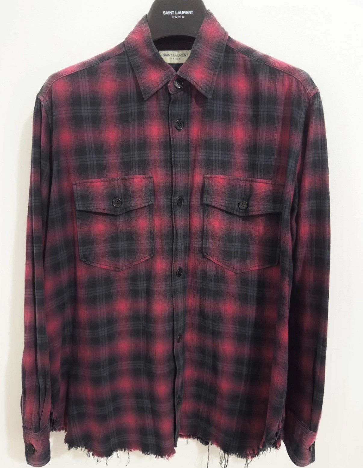 SLP) 16SS Black/Red Double-Pocket Frayed Hem Plaid Shirt