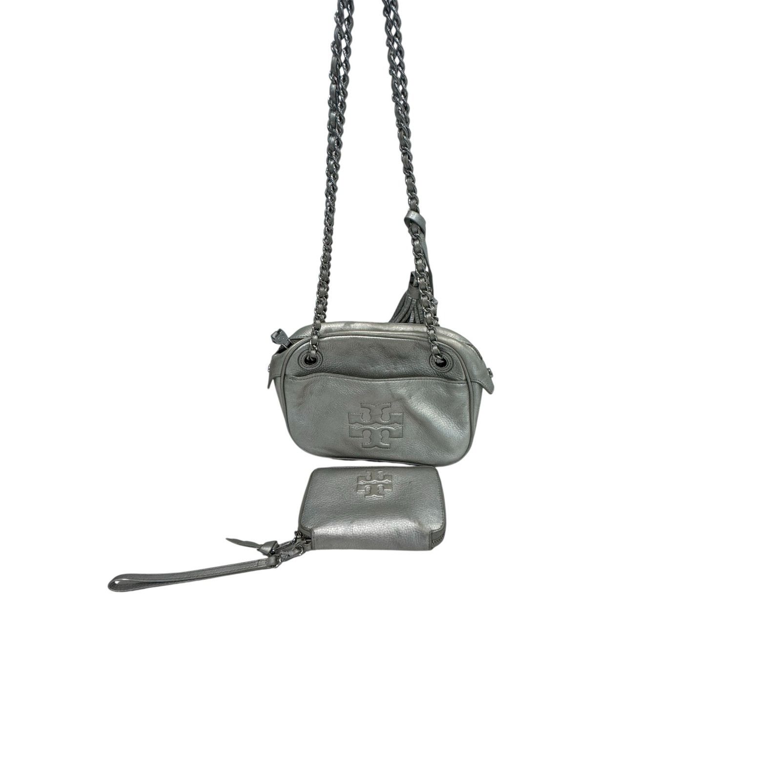 Tory Burch Tory Burch Silver Pebbled Leather Crossbody + Wallet Set Size ONE SIZE - 1 Thumbnail