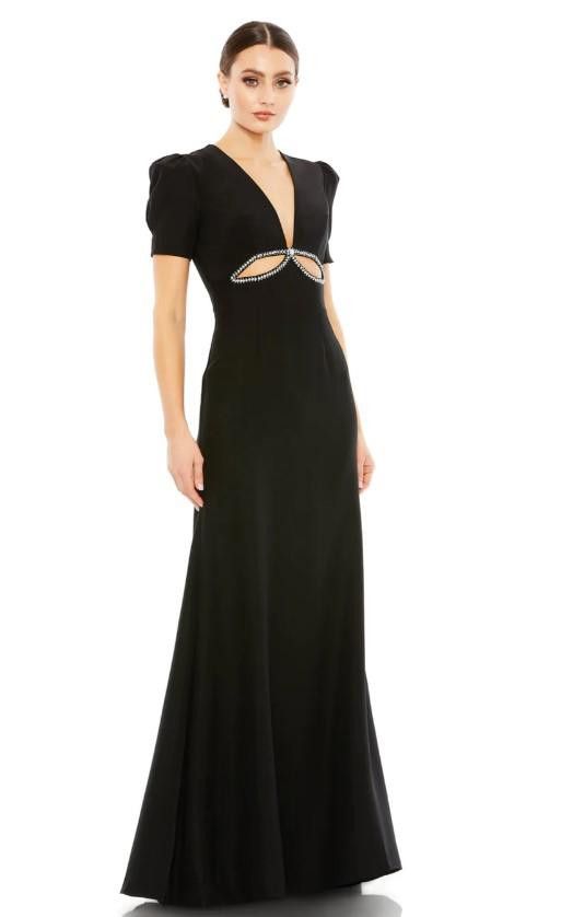 image of Designer Plunge Neck Puff Sleeve Cut Out Gown Msrp $458, Size 8 in Black, Women's