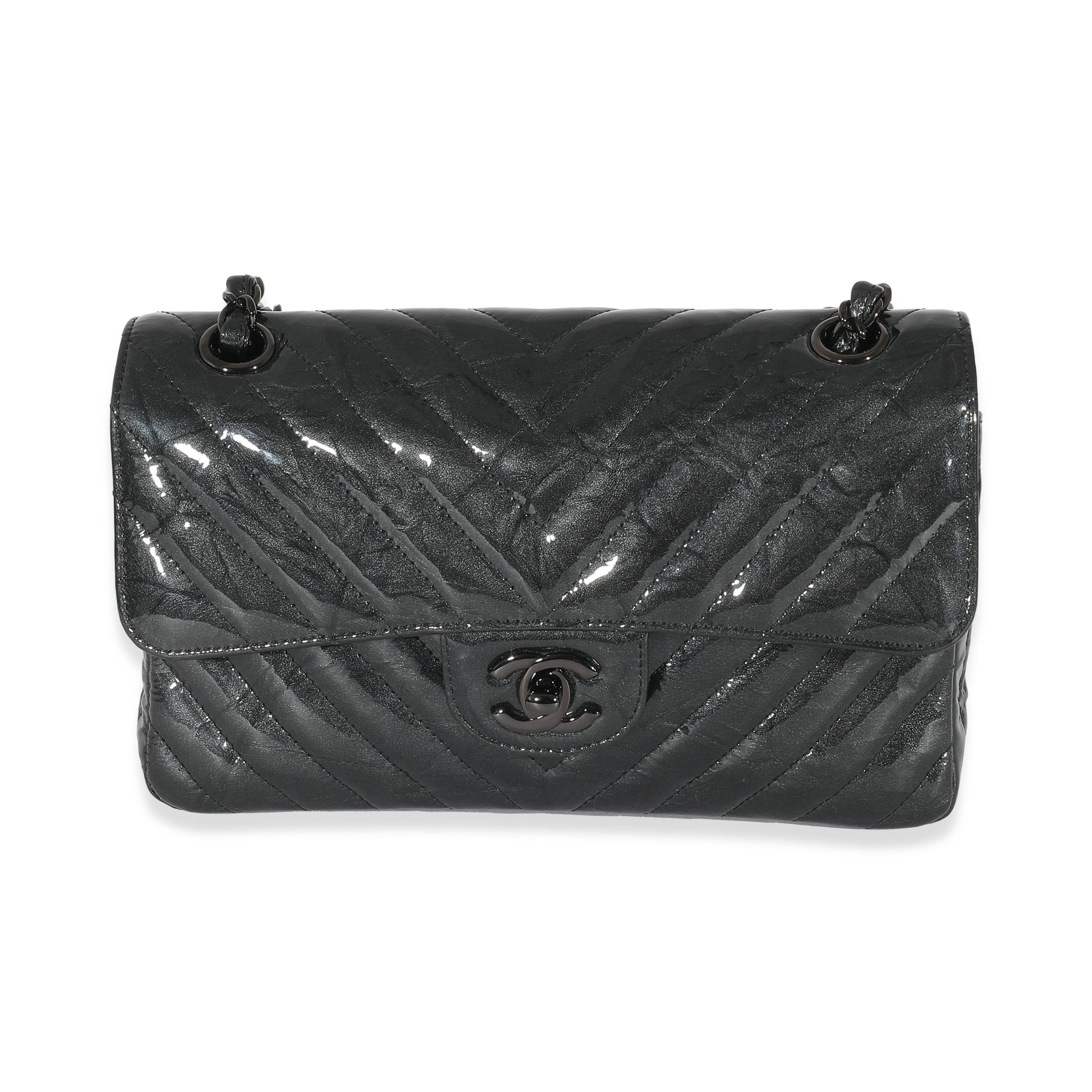 Chanel Metallic Black Chevron Crumpled Patent Small Classic Double