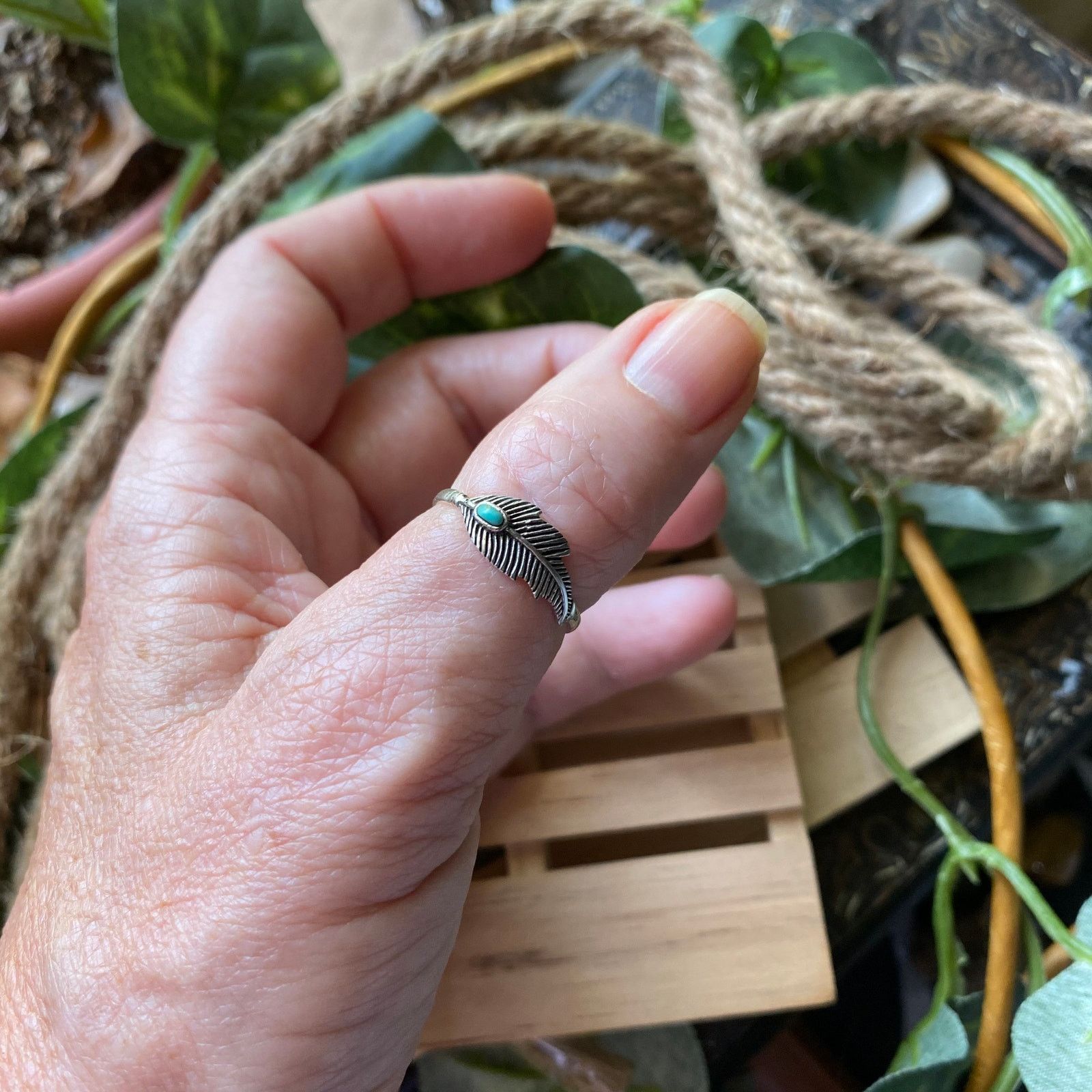 The Unbranded Brand Turquoise Sterling Silver Feather Ring Size 9 Size ONE SIZE - 4 Thumbnail