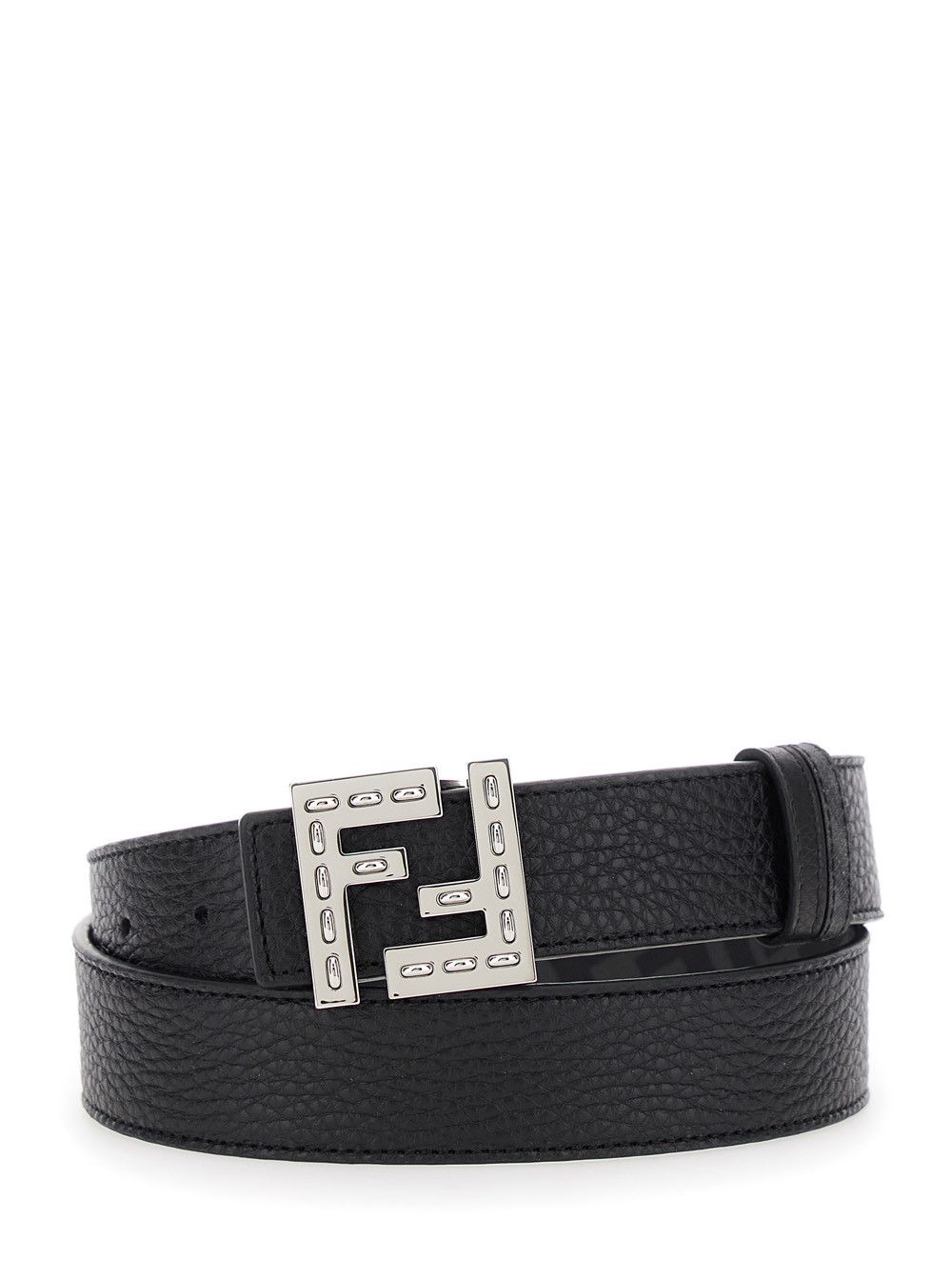 Fendi Black Belt with Metallic FF Logo Plate in Hammered Leather Man Size ONE SIZE - 1 Thumbnail