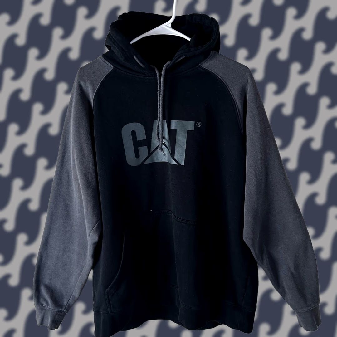 Vintage CAT Mens Hoodie Pullover Black Gray Logo Graphic Sweatshirt Large Workwear Regular Fithooded Kangaroo Pocket Size US L / EU 52-54 / 3 - 1 Thumbnail