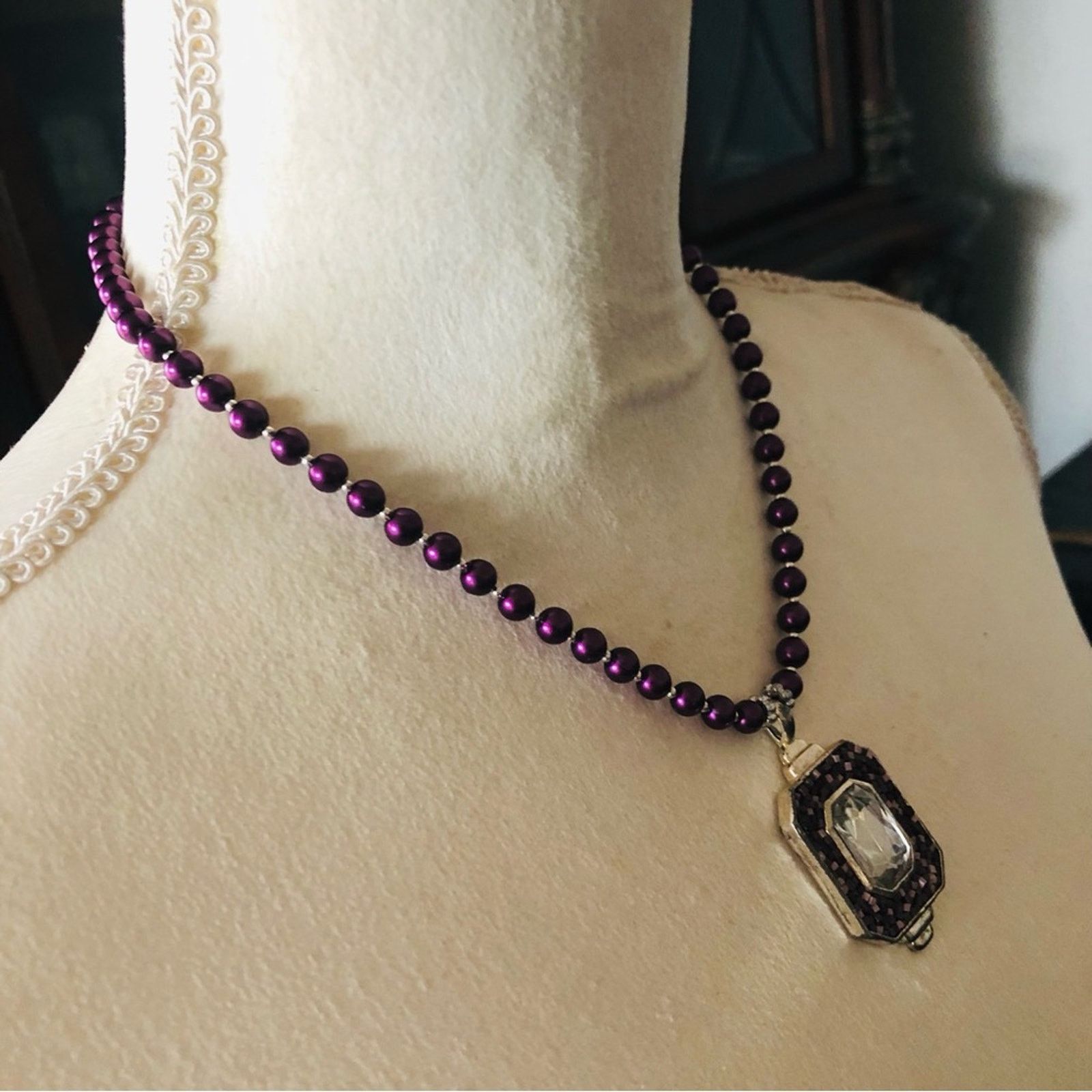 Handmade Handcrafted repurpose vintage mosaic pendant Pearl necklace Size ONE SIZE - 4 Thumbnail