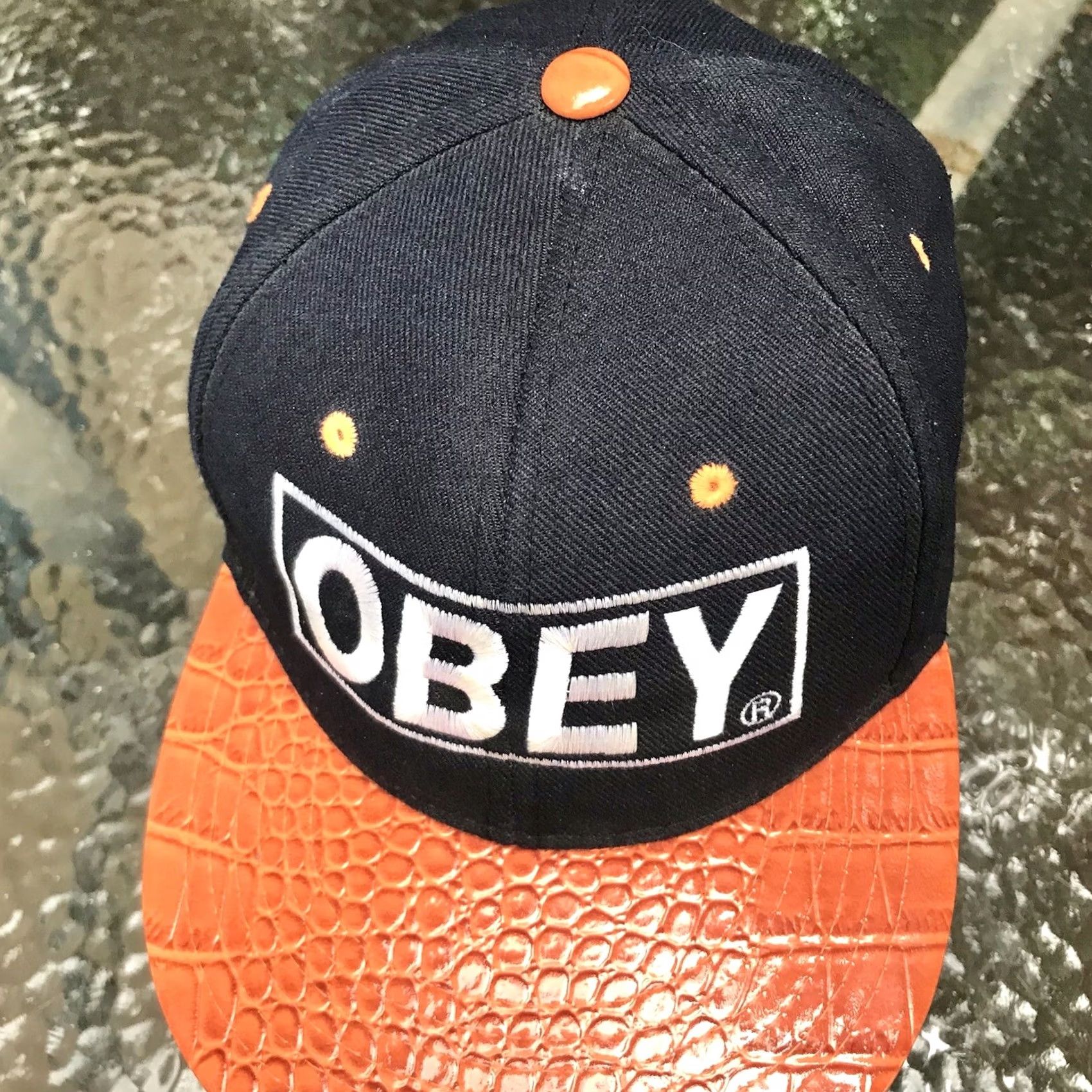 Obey OBEY Colorblock Navy/Orange Embossed Crocodile Faux Leather Snapback Cap Hat OS Size ONE SIZE - 3 Thumbnail