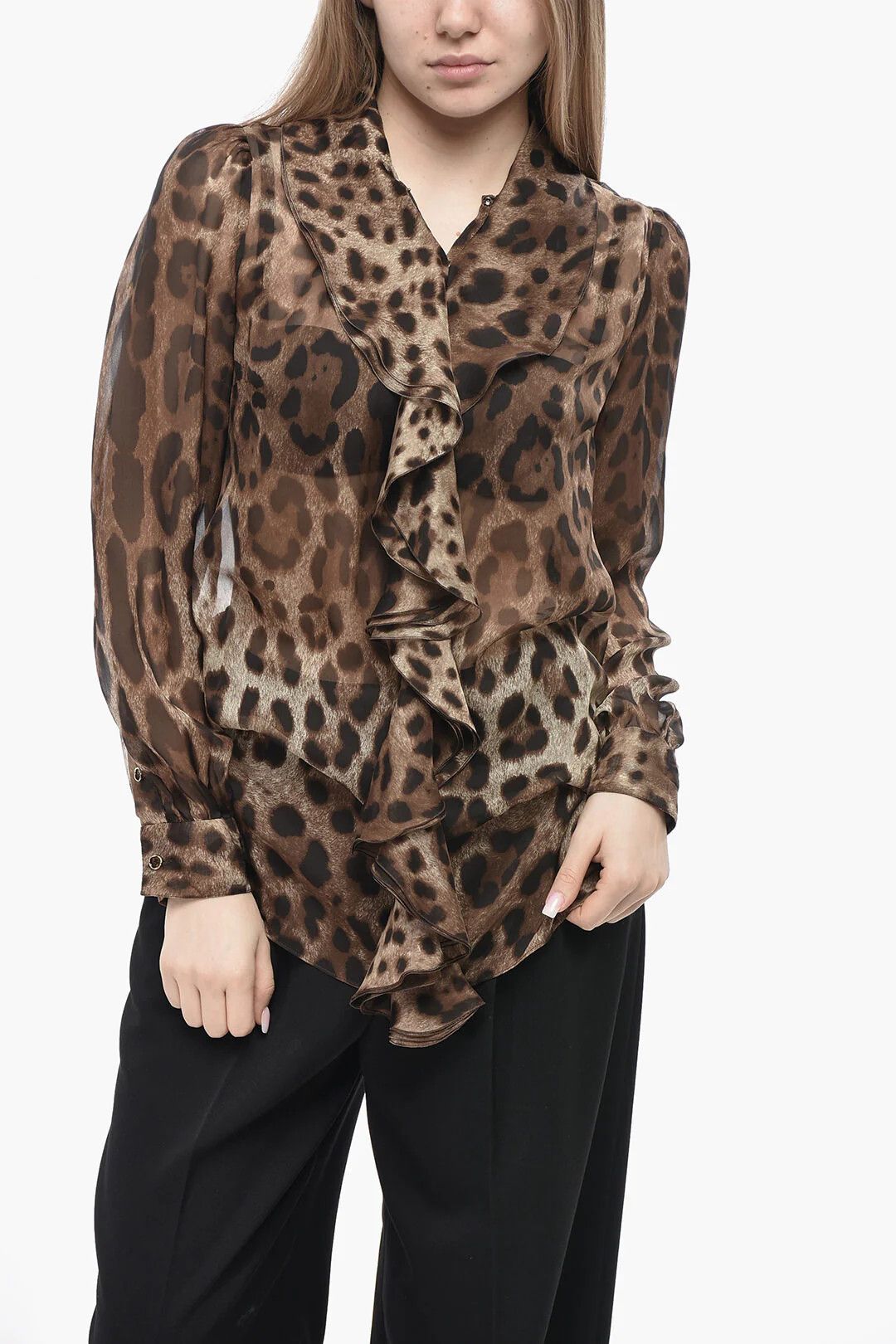 Dolce & Gabbana og1mm0426 Silk Ruffle-Front Blouse in Brown Size XS / US 0-2 / IT 36-38 - 1 Thumbnail
