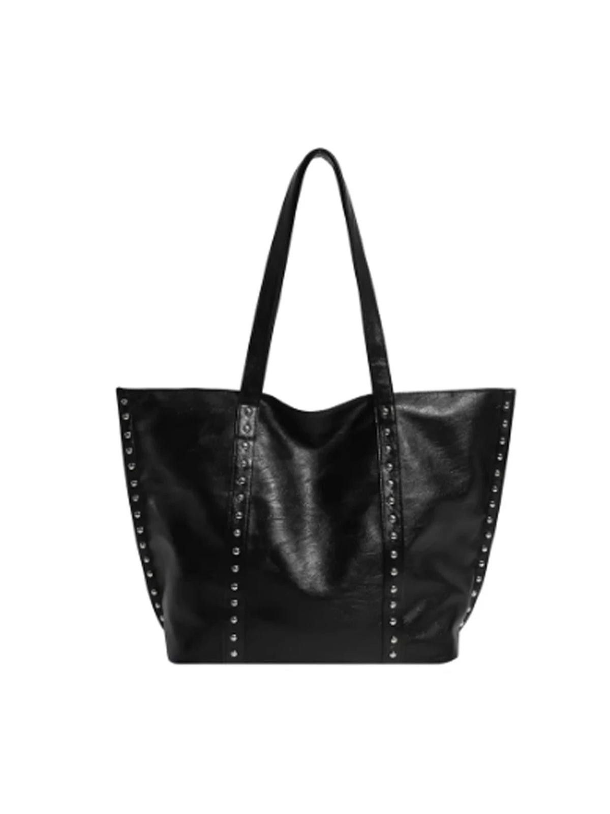 Leather Black Studded Faux Leather Tote Bag, Large Shoulder Bag Size ONE SIZE - 8 Thumbnail
