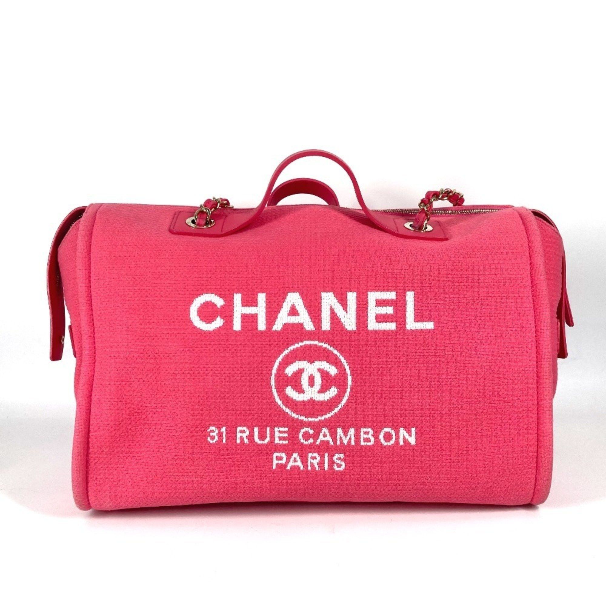 Chanel As4166 Cc Coco Mark Logo Deauville Boston Bag 2Way Handbag W Chain Shoulder Canvas Women's Pink