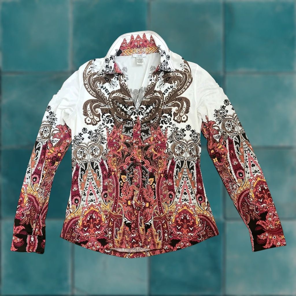Vintage Cache Boho Paisley Blouse Womens M Long Sleeve Button Stretch Top Size M / US 6-8 / IT 42-44 - 1 Thumbnail