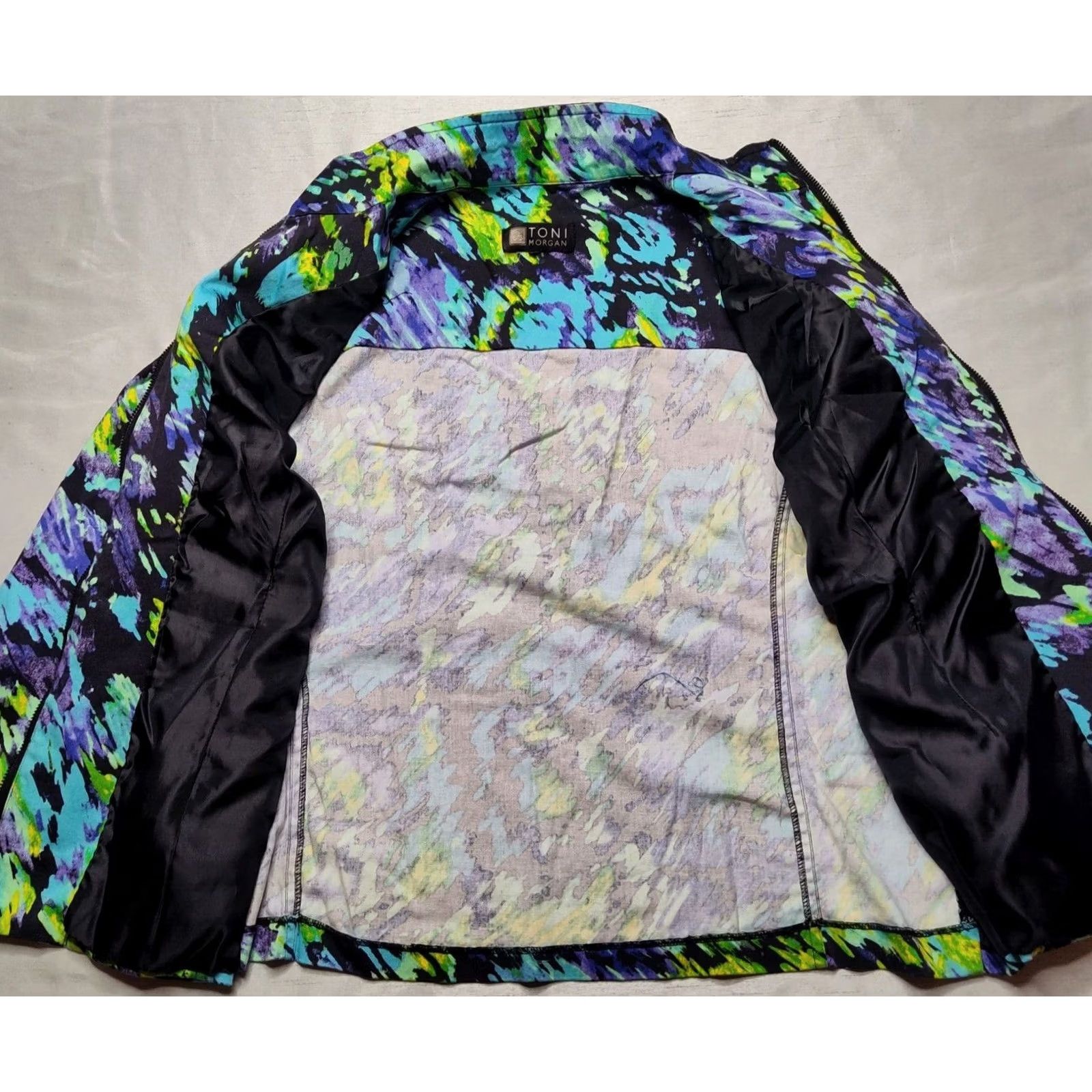 Vintage TONI MORGAN Women Purple Multi Abstract Full Zip 3/4 Sleeve Jacket Cotton Blend Medium Size M / US 6-8 / IT 42-44 - 4 Thumbnail
