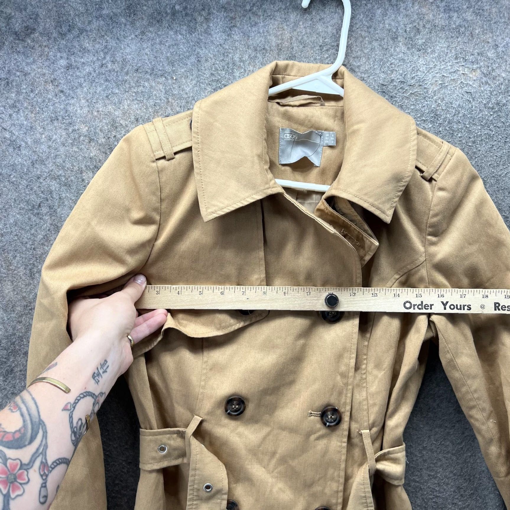 Asos ASOS Trench Coat Womens 2 Beige Cotton Twill Double Breasted Belted Classic Size XS / US 0-2 / IT 36-38 - 4 Thumbnail