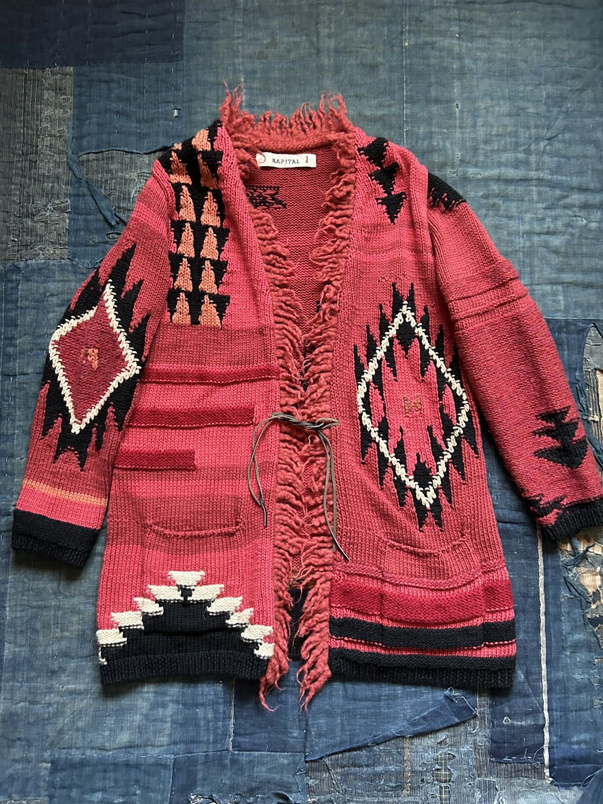 image of Kapital Ortega Hand Knit Fringed Cowichan in Red, Men's (Size Small)