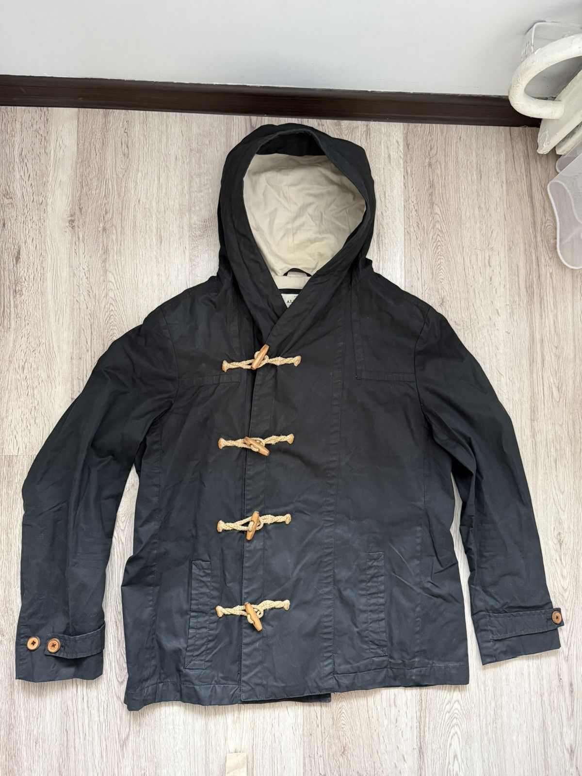 Allsaints AllSaints Valaste Duffle Coat – Black Cotton Hooded Jacket Size US XL / EU 56 / 4 - 1 Thumbnail