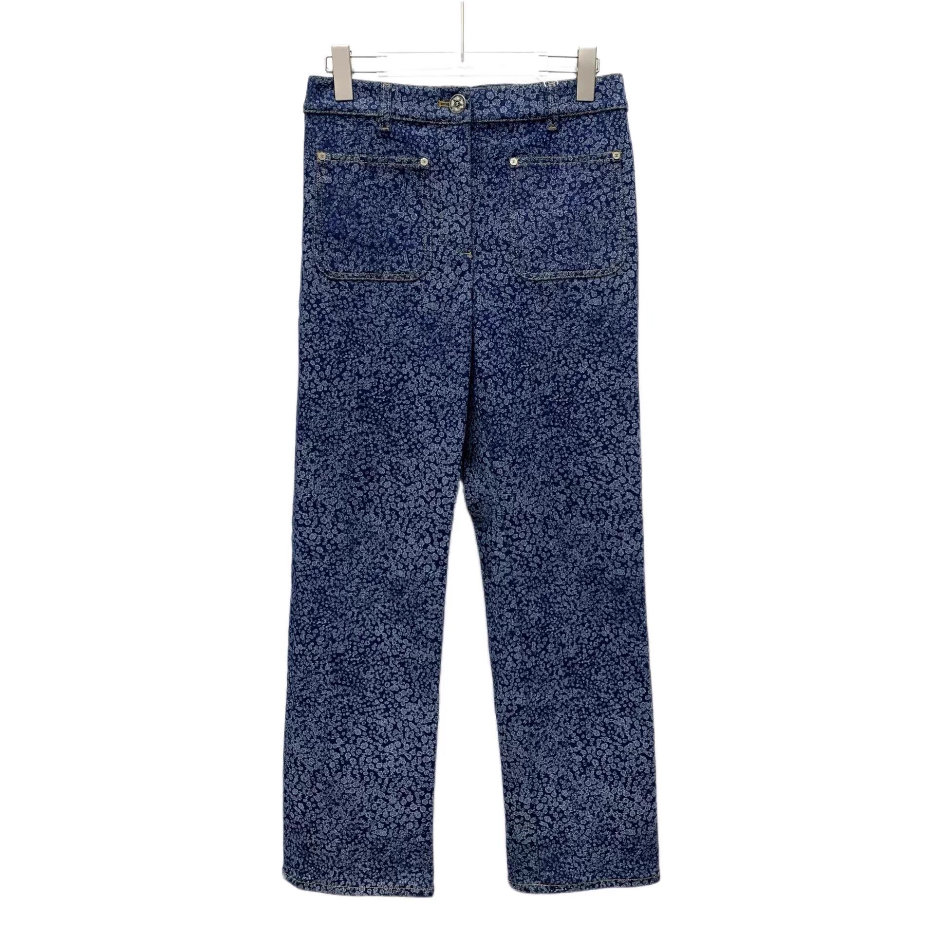 KW0845 Chanel Blue Camellia Print Cotton Casual Trousers