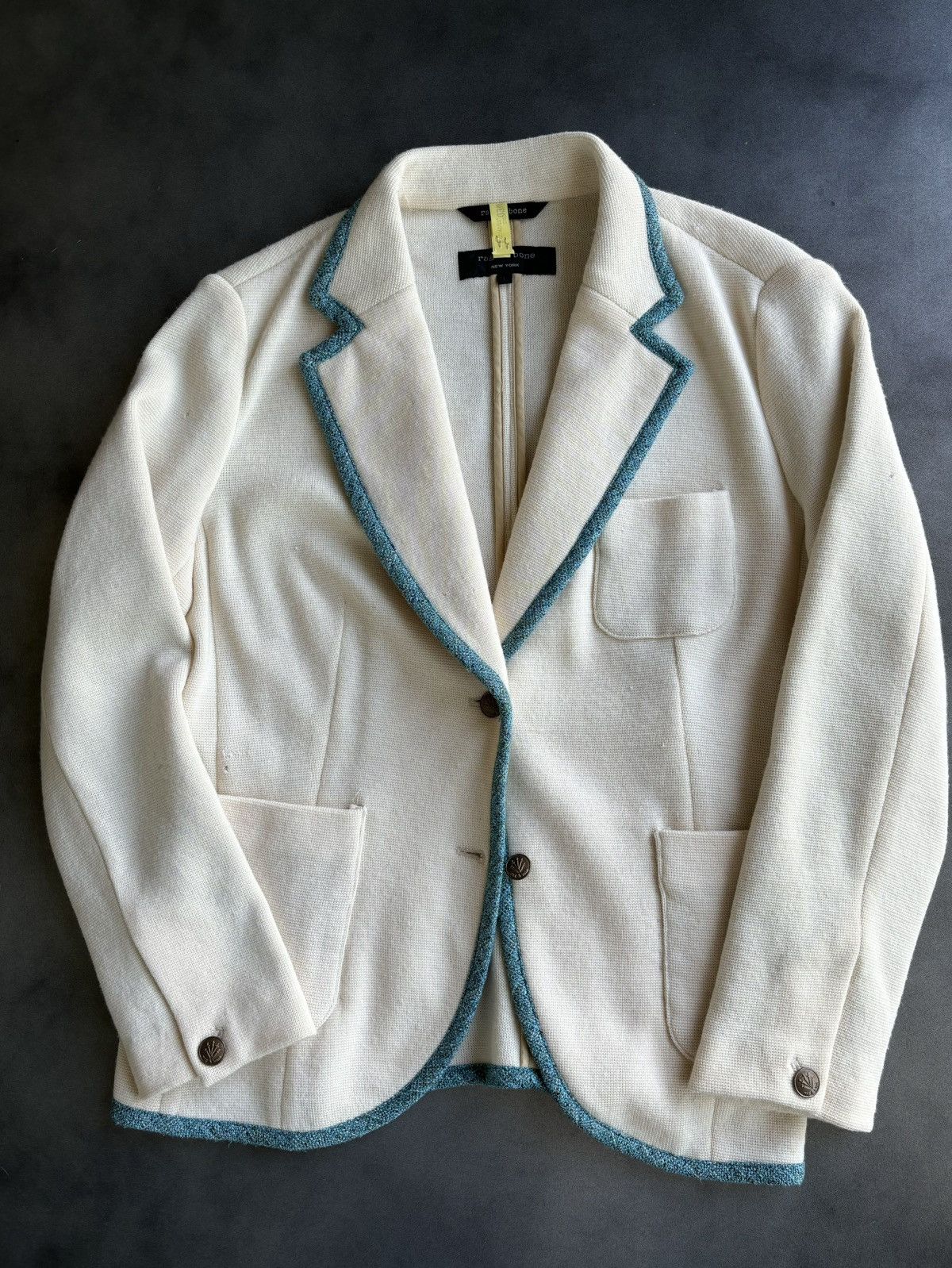Designer × Rag & Bone Rag & Bone Blazer Womens Cream Merino Wool Teal Trim Prep Size L / US 10 / IT 46 - 2 Thumbnail
