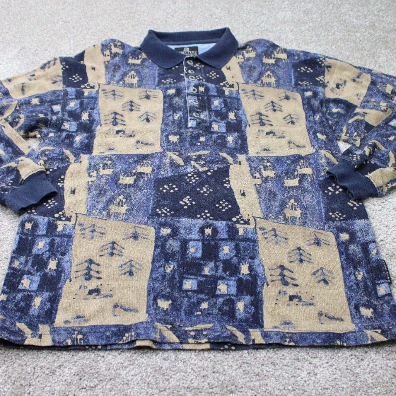Vintage Structure Polo Shirt Mens Medium Blue/Tan Geometric 100% Cotton Long Sleeve Size US M / EU 48-50 / 2 - 3 Thumbnail