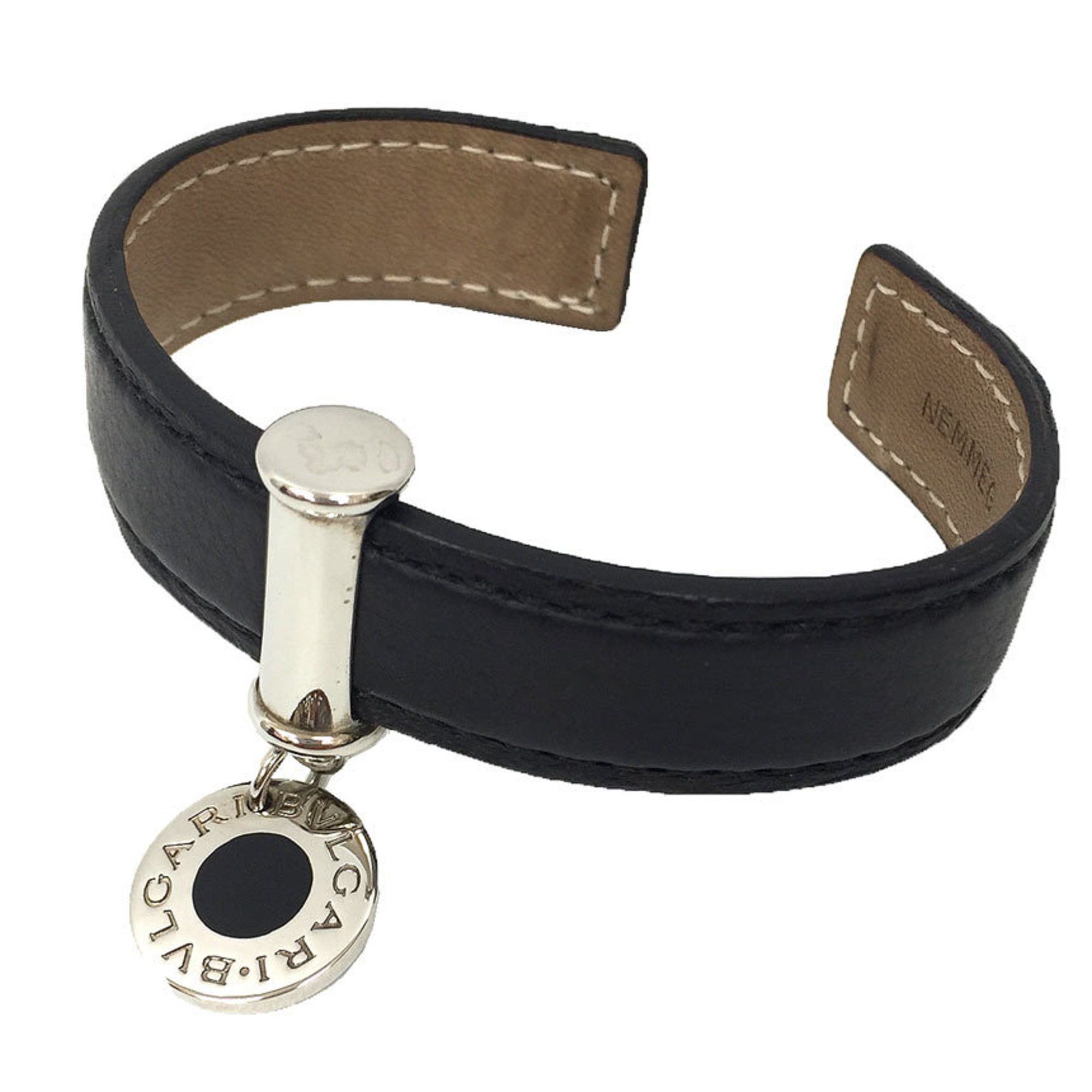 Bvlgari BVLGARI Cuff Bracelet Bangle Leather 23515 Black Silver Preserved Size ONE SIZE - 1 Thumbnail