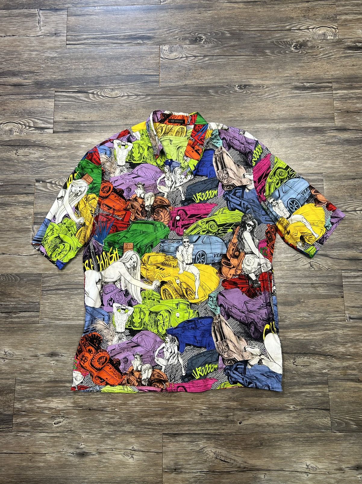 image of Versace Graphic “Vroom” Button Up Shirt, Men's (Size Large)