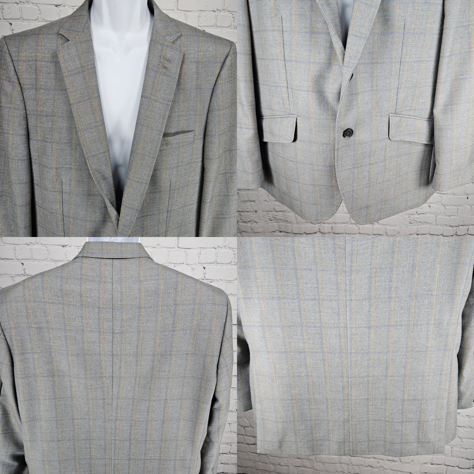 Haggar Haggar Co Originals Blazer Sport Coat 44R Grey Windowpane 2 Button Notch Single-Breasted Four-Button Double-Vented Mens Jacket Size 44R - 8 Thumbnail