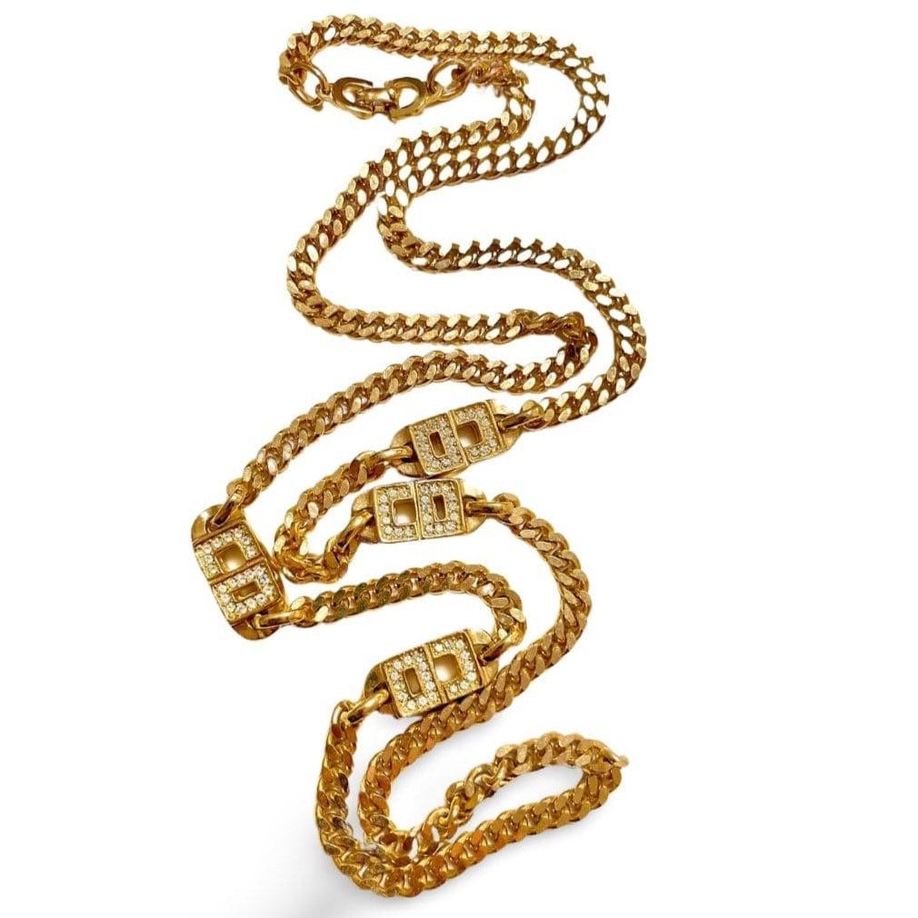 image of Vintage Christian Dior Golden Chain Necklace With Crystal Cd, Women's