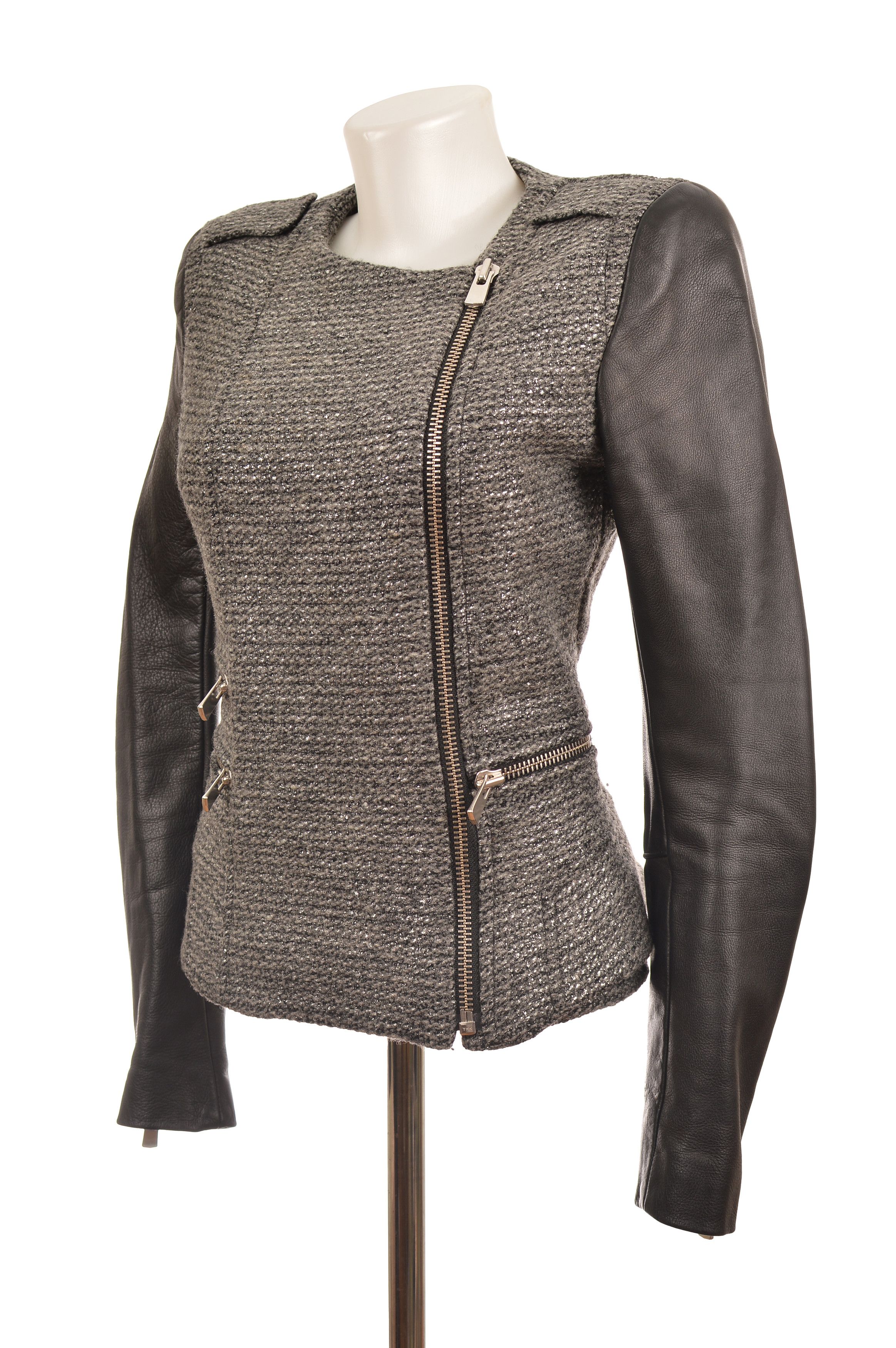 Maje Maje H12 Rumeur Wool Leather Moto Biker Jacket Size XS / US 0-2 / IT 36-38 - 2 Thumbnail