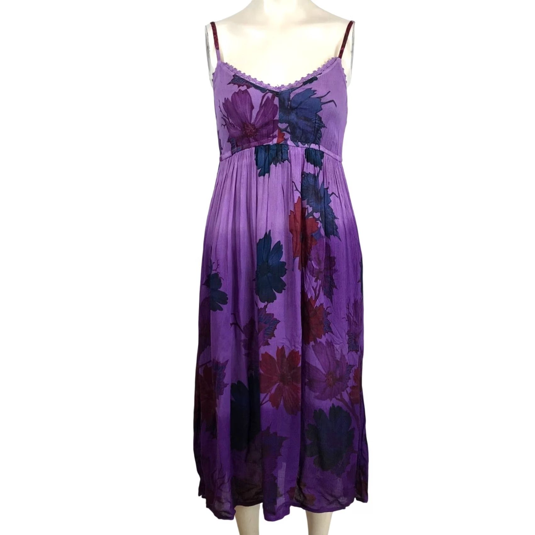 Vintage MKY - WOMEN'S S - PURPLE SPAGHETTI STRAP V NECK RAYON FLORAL MIDI DRESS Size S / US 4 / IT 40 - 2 Thumbnail