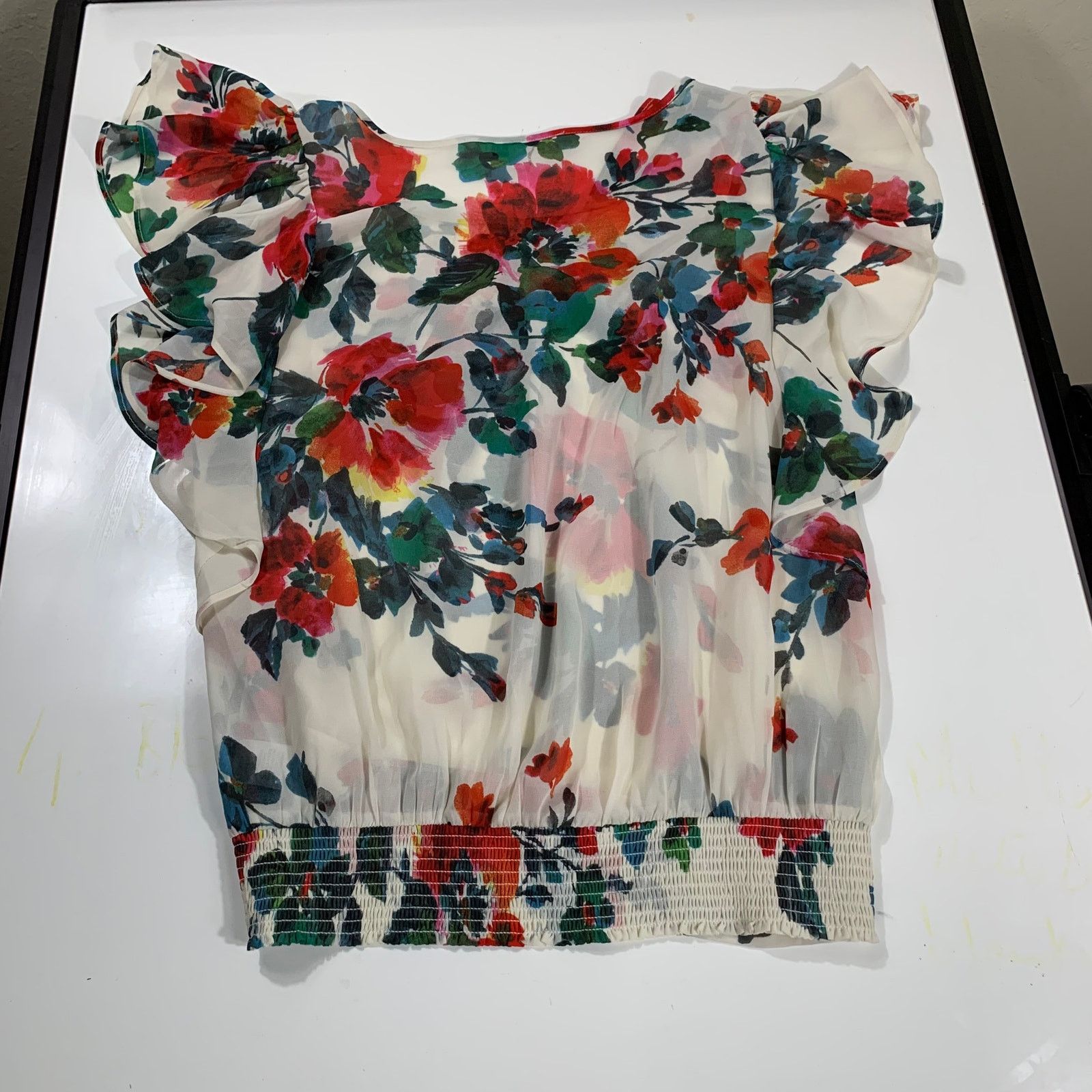 Other Black Rainn Tops Blouse White Floral Chiffon Ruffles Size S / US 4 / IT 40 - 2 Thumbnail