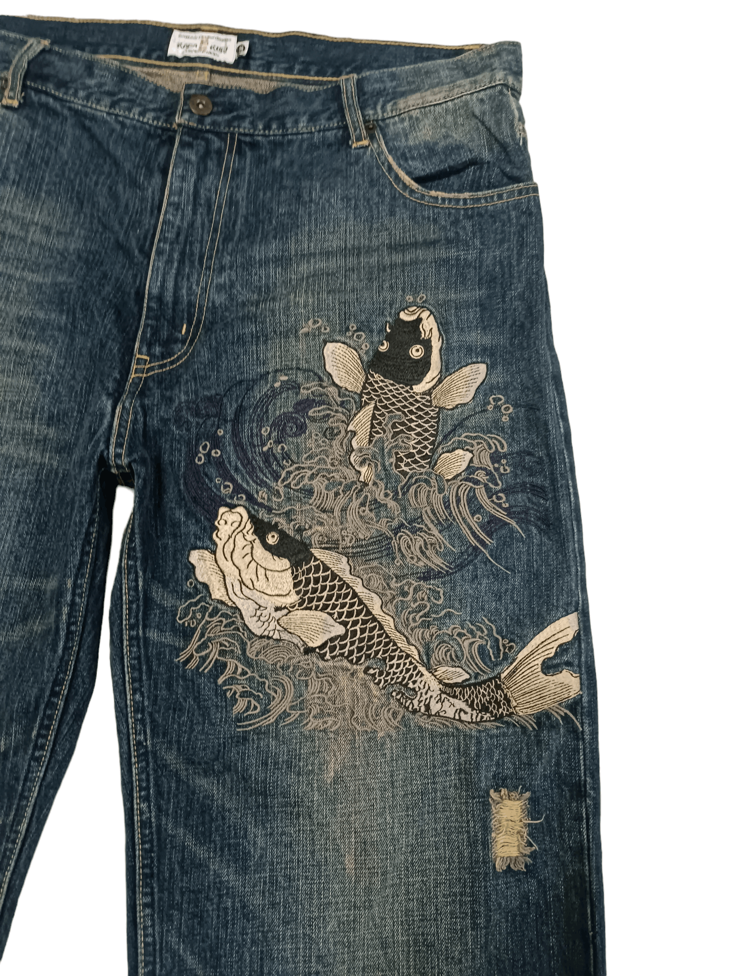 image of Vintage Karakuri Generation Koi Fish Embroidered Distressed Jeans in Denim, Men's (Size 38)