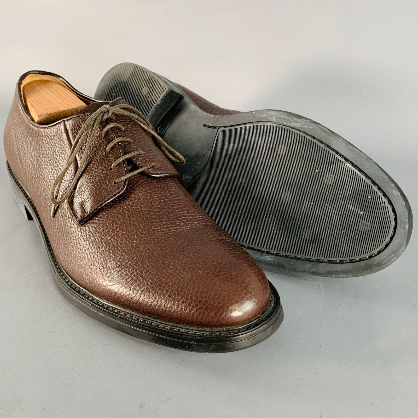 Barneys New York Size 11 Brown Pebble Grain Leather Derby Lace-Up Shoes Size US 11 / EU 44 - 5 Thumbnail