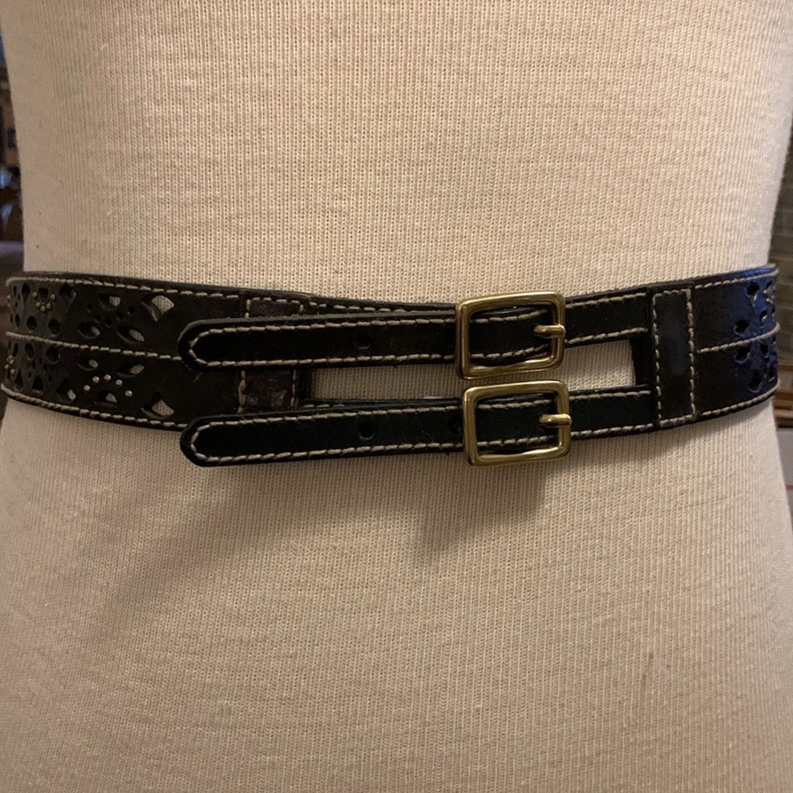 Vintage Double buckle perforated leather belt solid brass with studs Size ONE SIZE - 7 Thumbnail