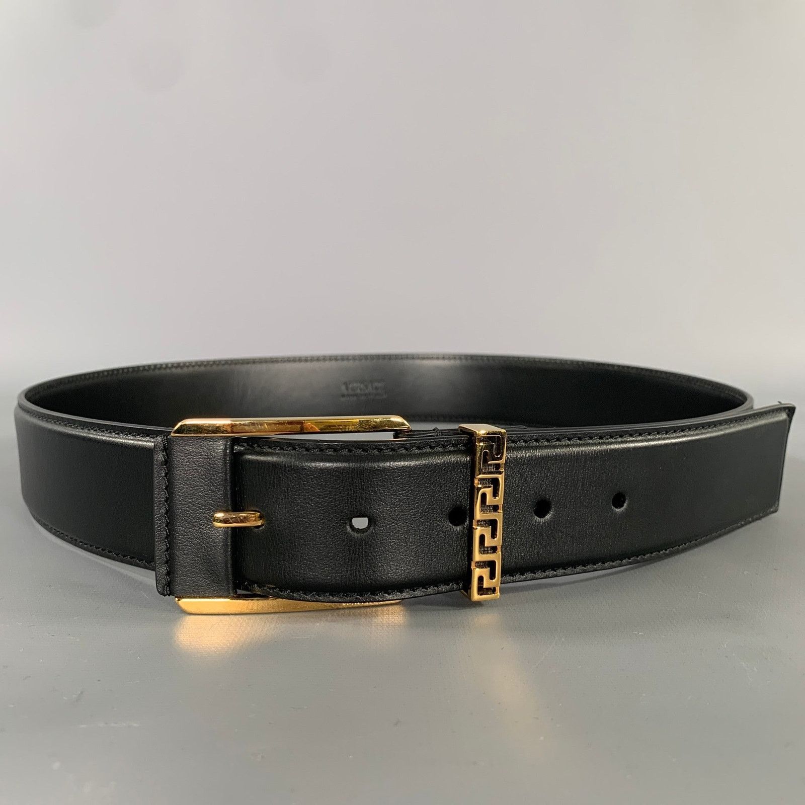 Versace VERSACE Size 36 Black Gold Greca Goddess Leather Belt Size 36 - 1 Thumbnail