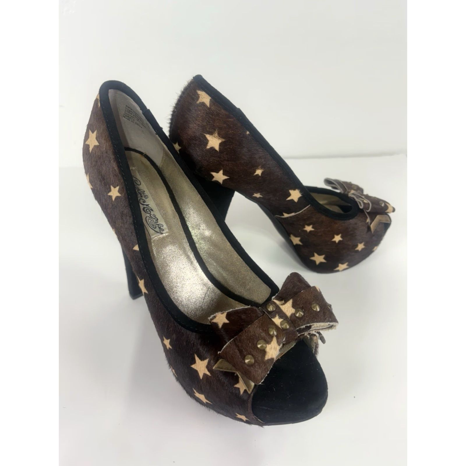 PONY Naughty Monkey Brown Pony Hair Open Toe Heels Womens Size 9.5 - Ultra High Stiletto Pumps with Bow & Stars - Party/Cocktail & Travel Size US 9.5 / IT 39.5 - 3 Thumbnail