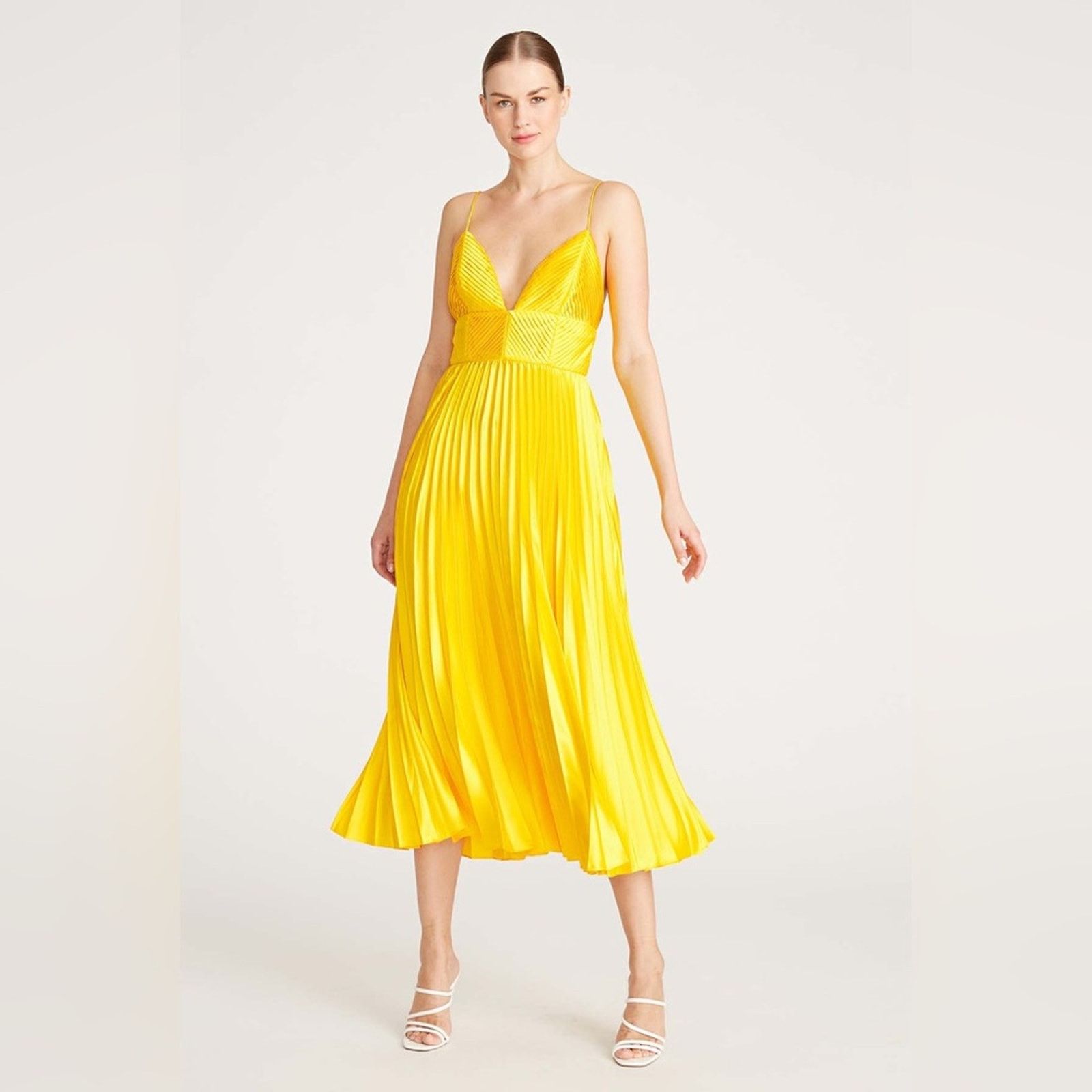 Amur Amur Viv Mitered Pleating Dress Yellow Midi Size M / US 6-8 / IT 42-44 - 2 Thumbnail