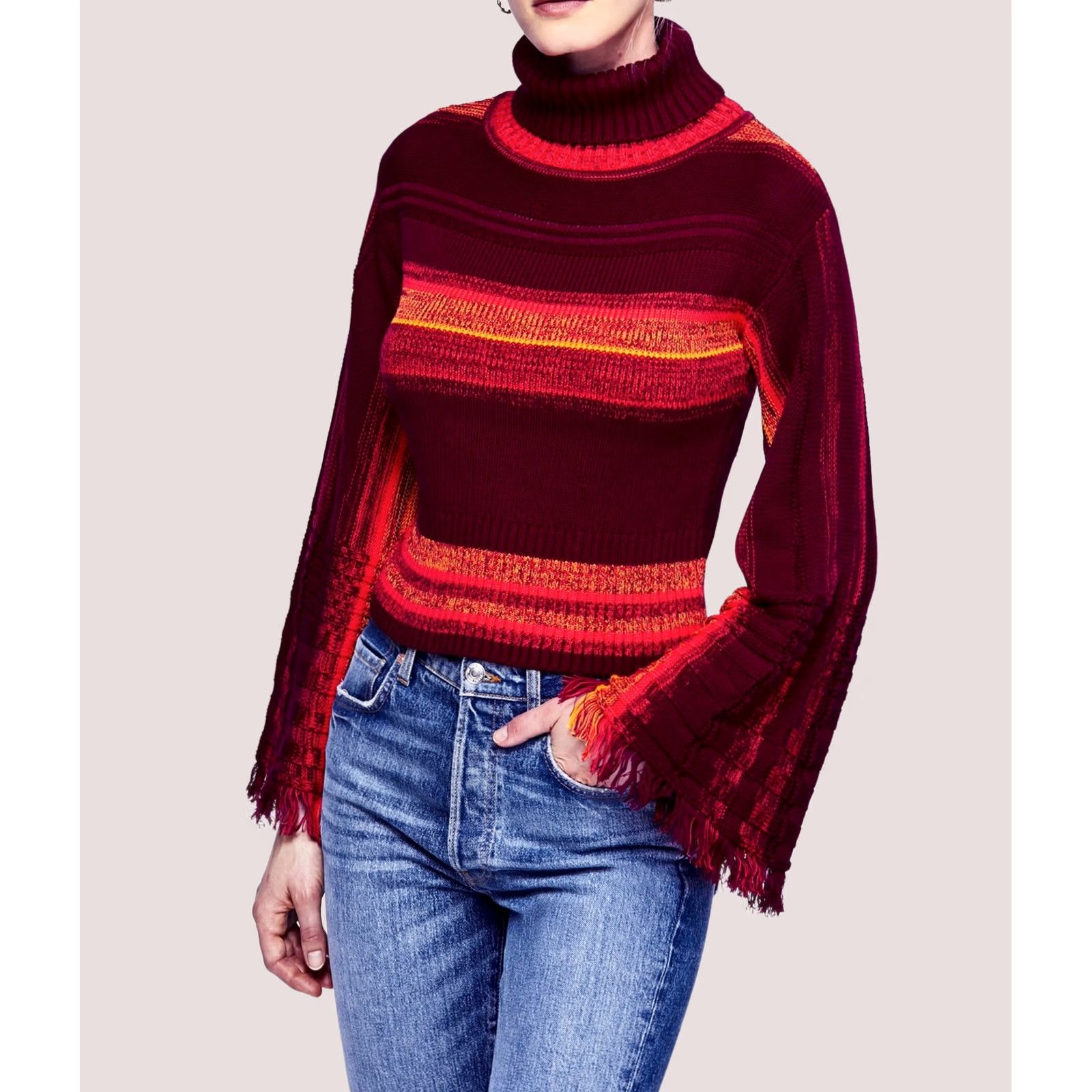 Free People Free People Womens Fringed Sleeve Pullover Sweater XS brightred Size XS / US 0-2 / IT 36-38 - 1 Thumbnail
