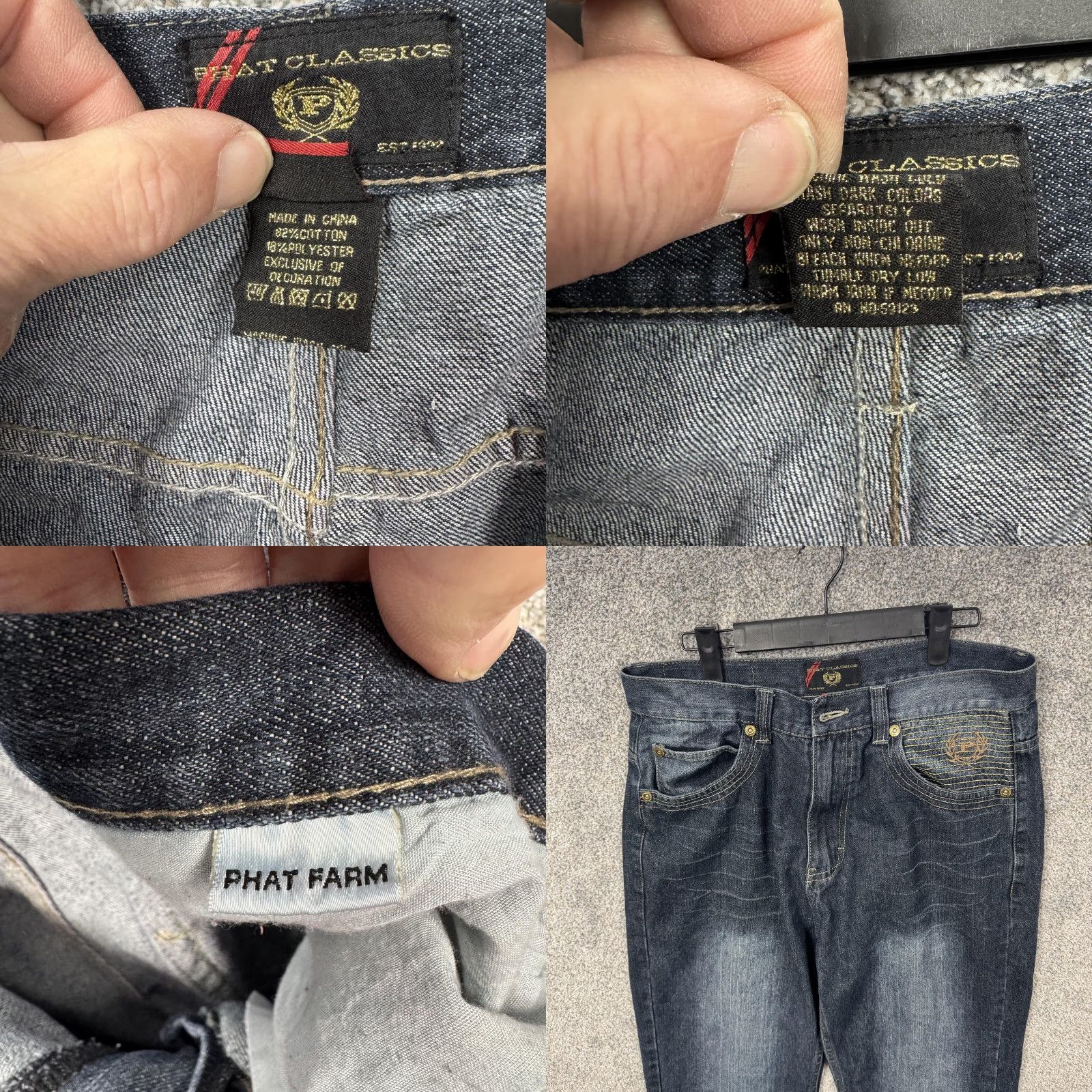 Phat Farm Phat Farm Jeans Mens 34 Relaxed Fit Straight Leg Denim Blue 82% Cotton 18% Polyester Zip Fly Pockets Distressed PF Crest Jeans Mens Size US 34 / EU 50 - 8 Thumbnail
