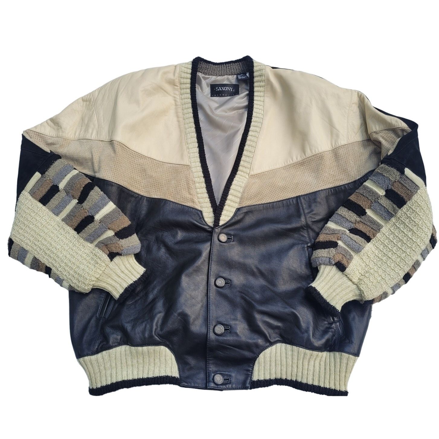 Vtg Saxony Leather Patchwork Coogi Textured Cardigan - Sweaters  