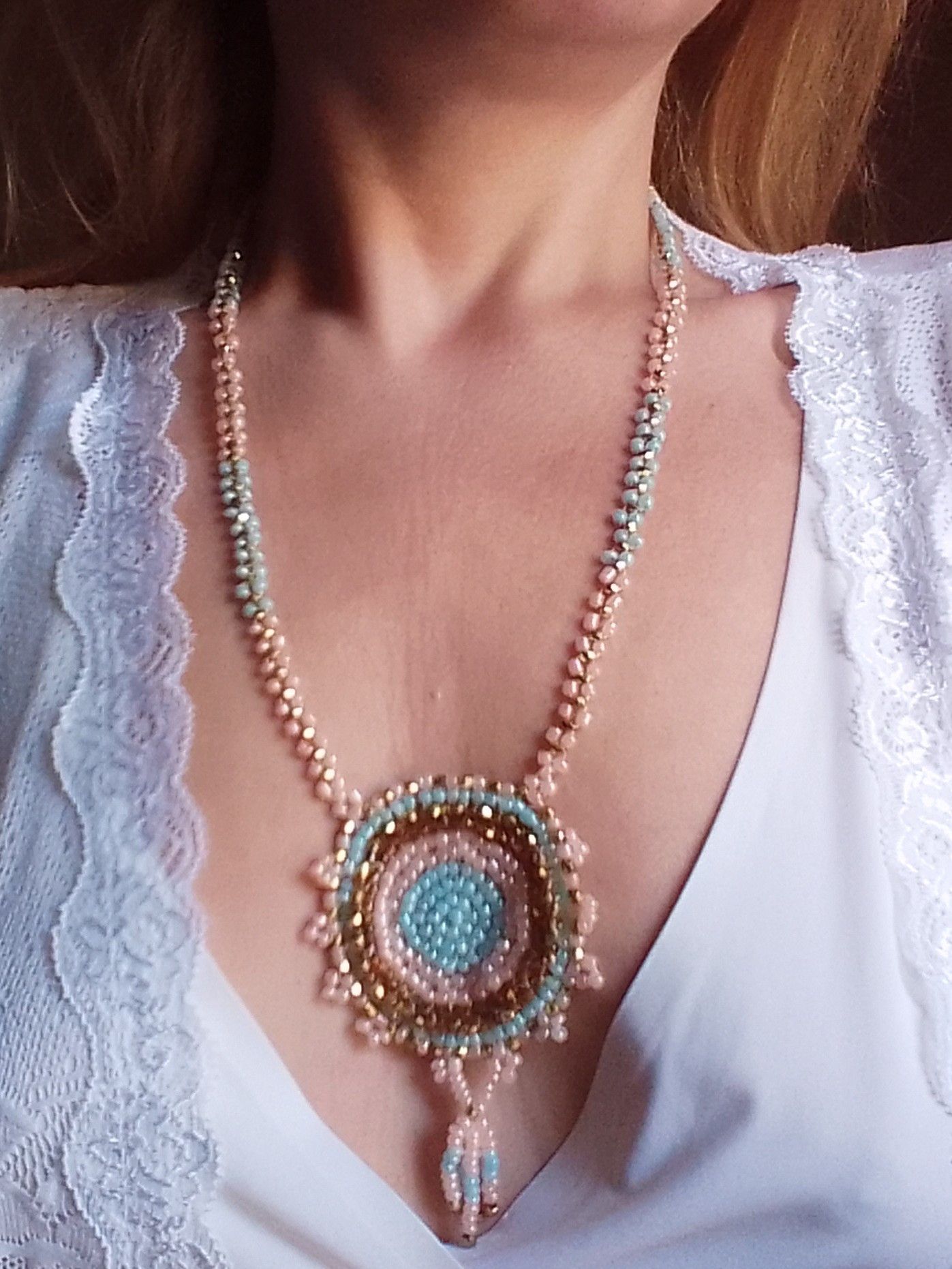 Handmade Necklace Long Embroidered Mandala Pendant Size ONE SIZE - 4 Thumbnail