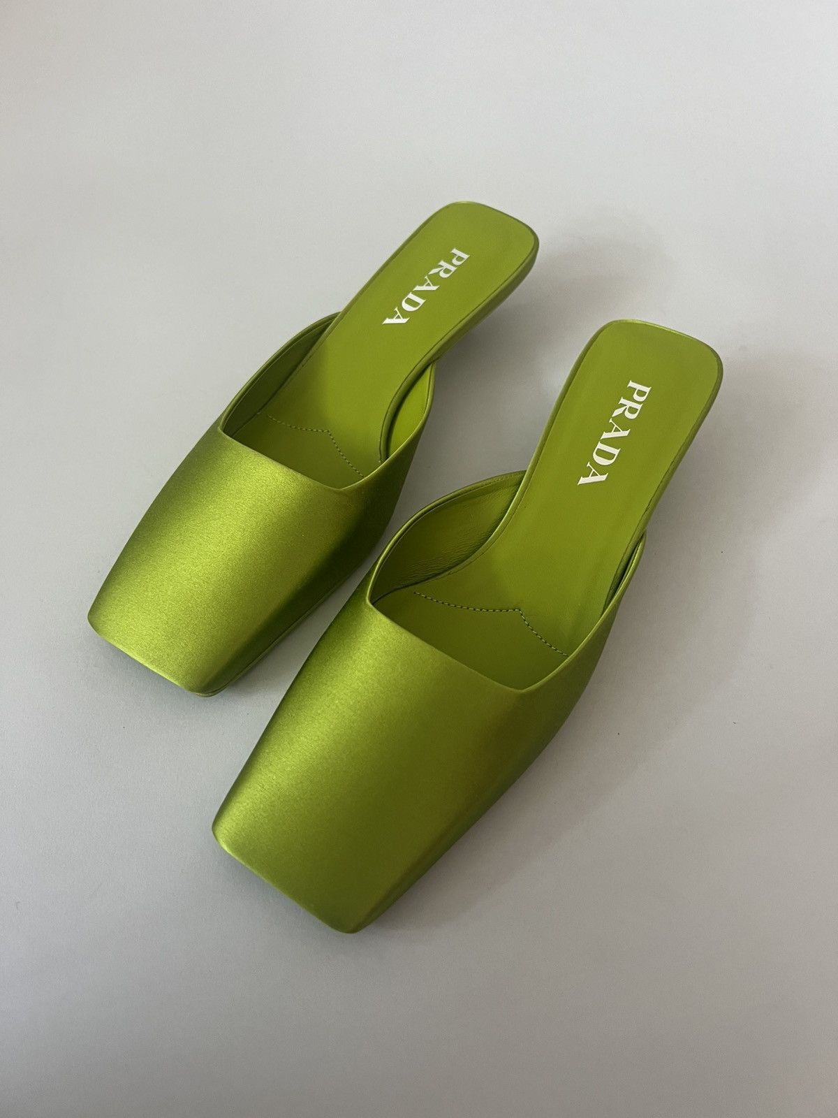 $1.4K Value Prada Satin Square Toe Mule Shoes Sandals In Black in Green, Women's (Size 7)