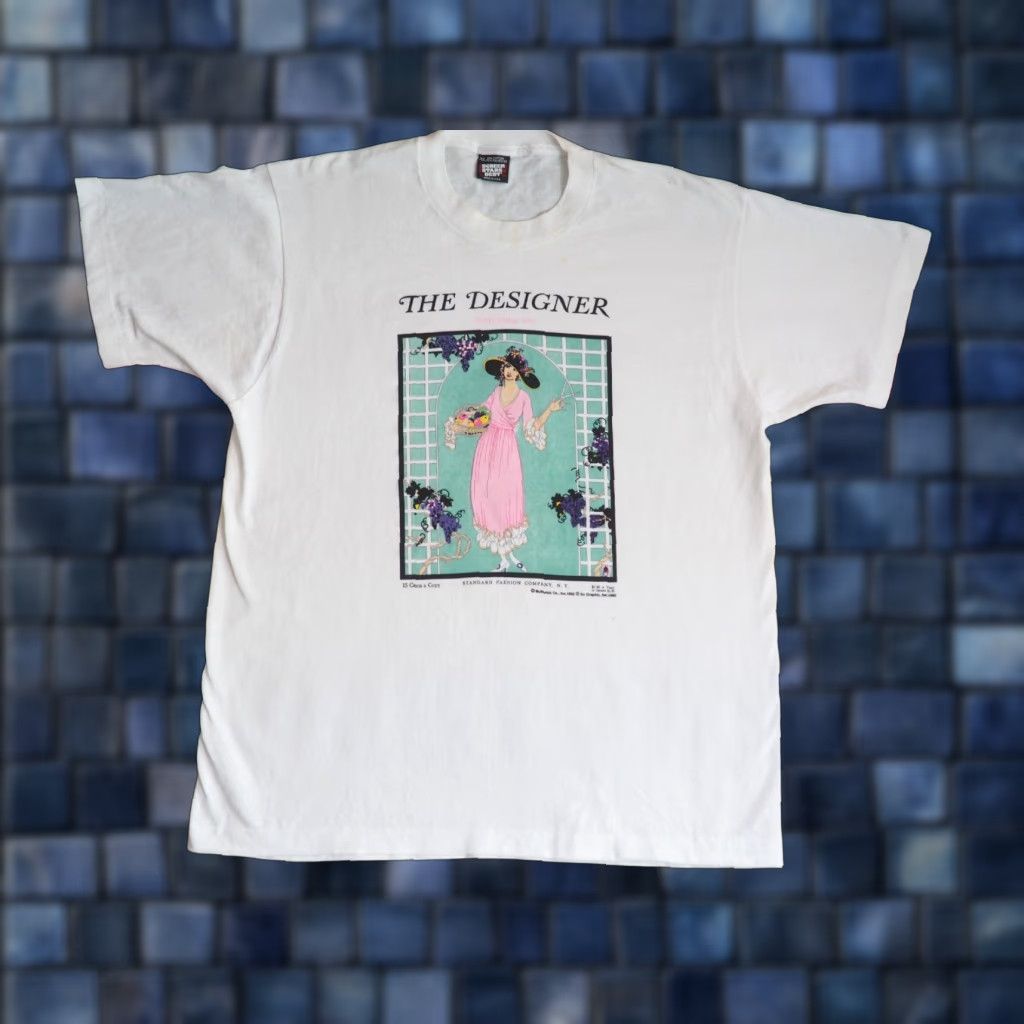 Vintage VTG 90s Screen Stars The Designer Butterick Flapper Art USA White Tee T-Shirt L Shirt Unisex White 1990s Graphic Tee Mens Womens Boys Girls Size US L / EU 52-54 / 3 - 1 Thumbnail